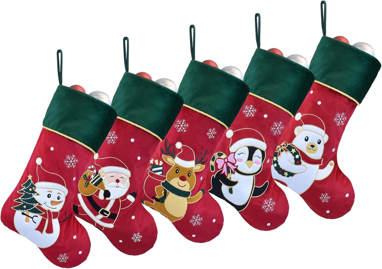 Large Red Velvet Christmas Stockings with Green Cuff, Set of 5