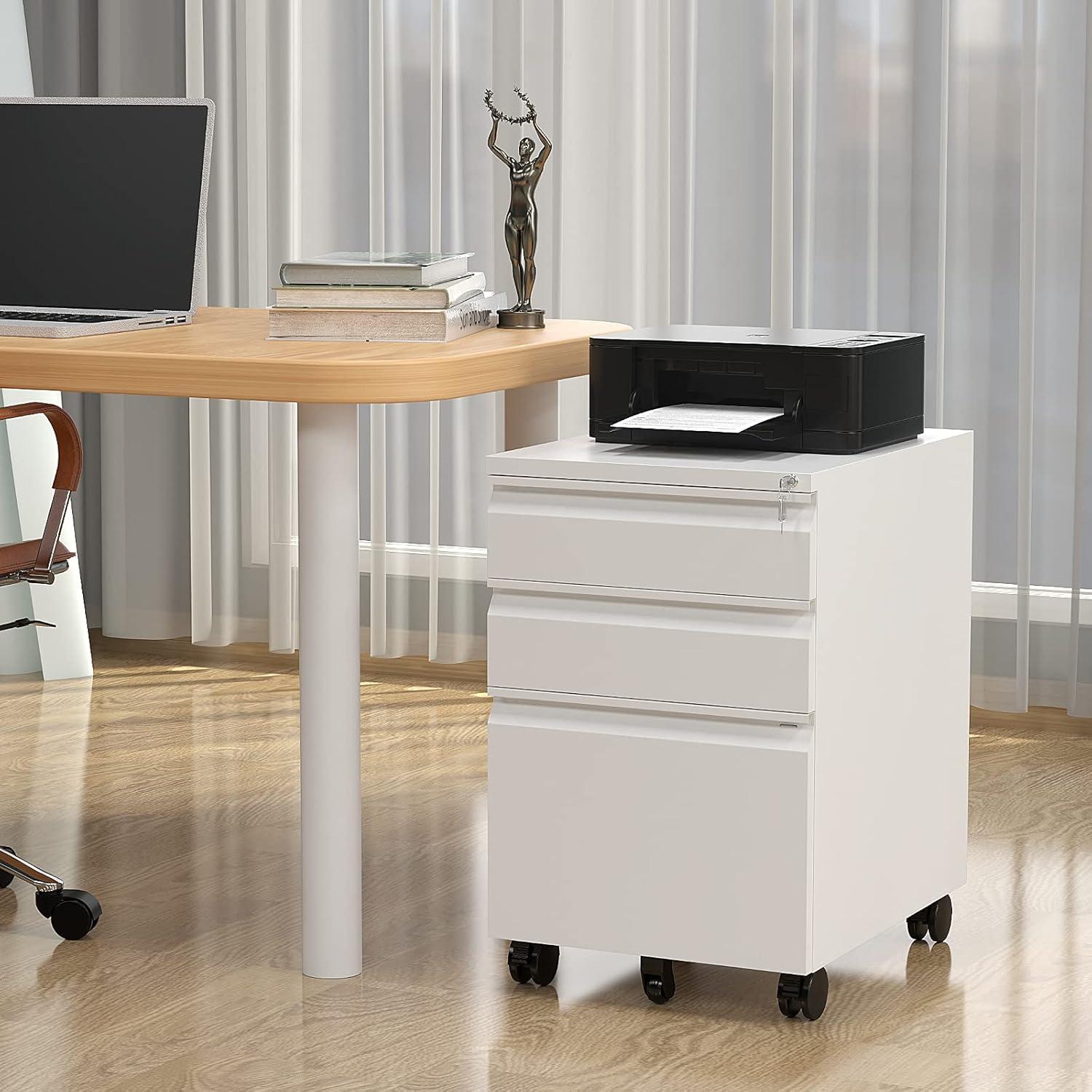 3 Drawers File Cabinet with Lock Metal Vertical File Cabient with Wheels Mobile File Cabinet for Office Home Assembly Required (White)