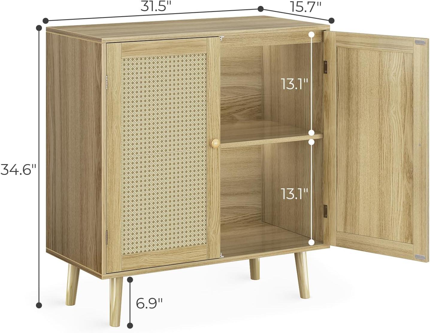 Natural Wood and Rattan Freestanding Storage Cabinet