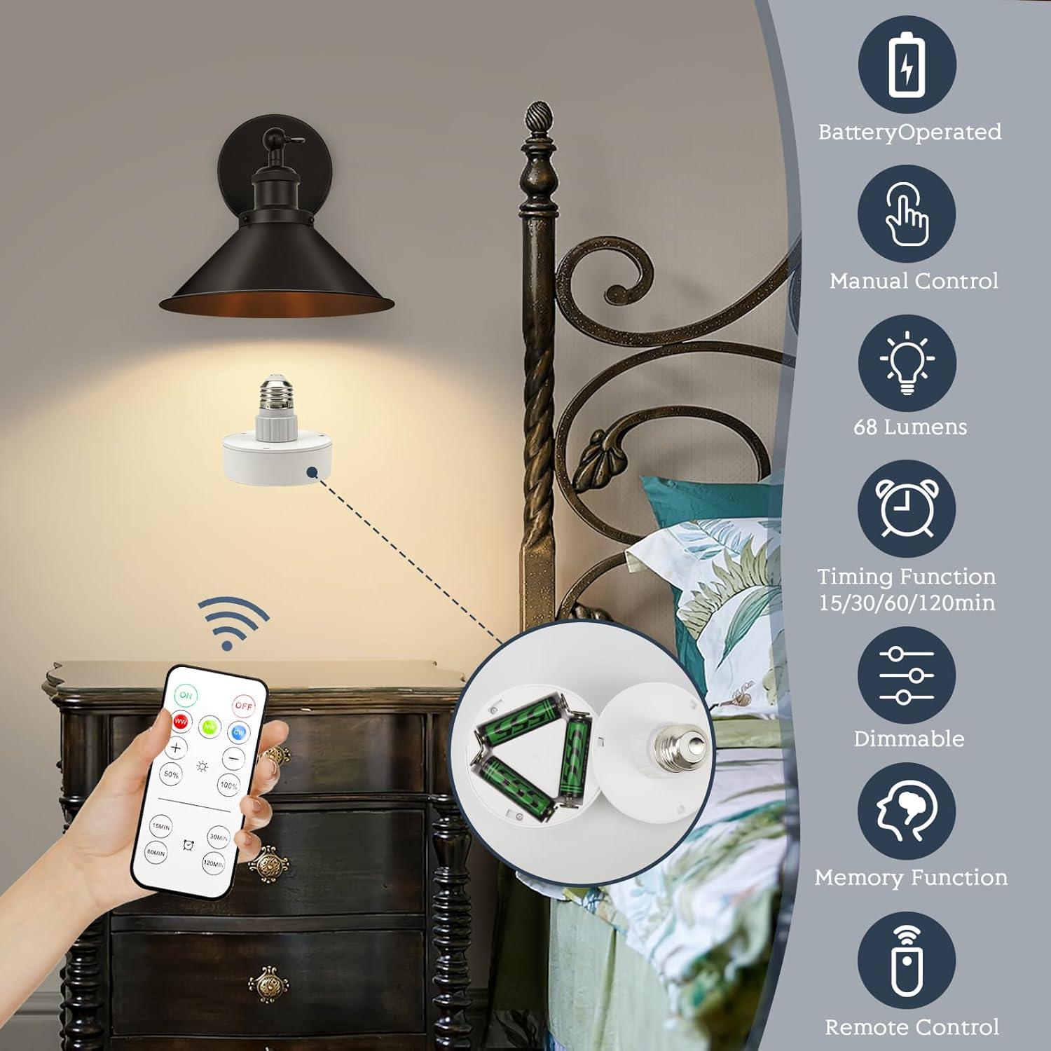 Battery Operated Wall Sconce Decor Set of 2, Black Wireless Wall Sconces with Remote, Dimmable Vintage Led Wall Lights, Wall Lamp for Bedroom Farmhouse Gallery