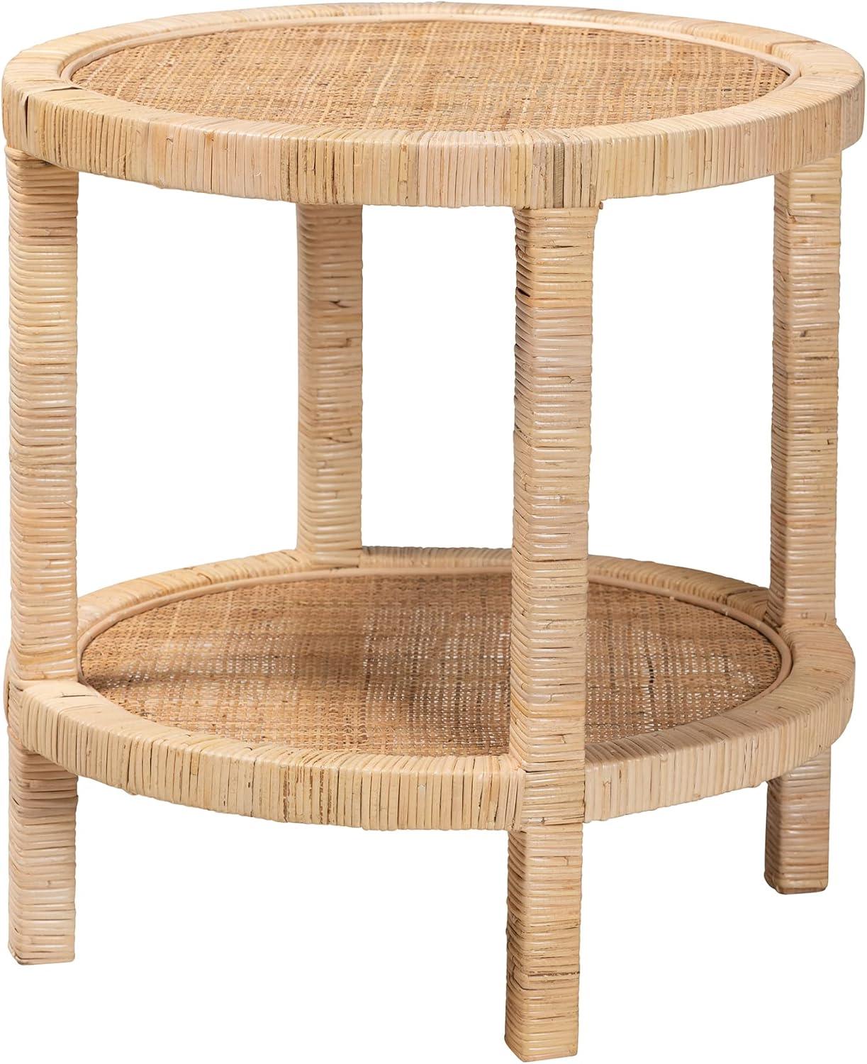 Bella Mahogany Wood and Natural Rattan 2 Tier End Table Natural Brown - Baxton Studio