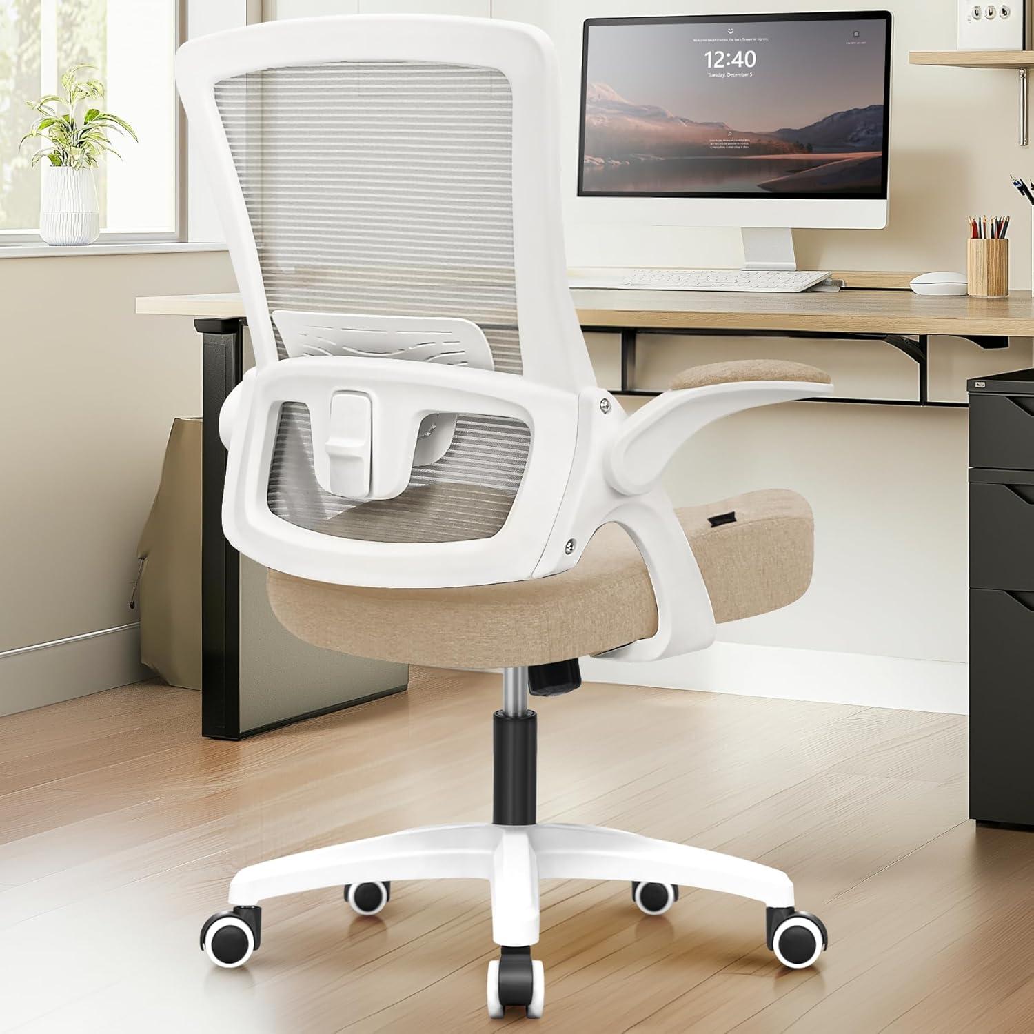 Neo Chair Ergonomic High Back Office Chair with Flip-up Arms Adjustable Lumbar Support, Beige