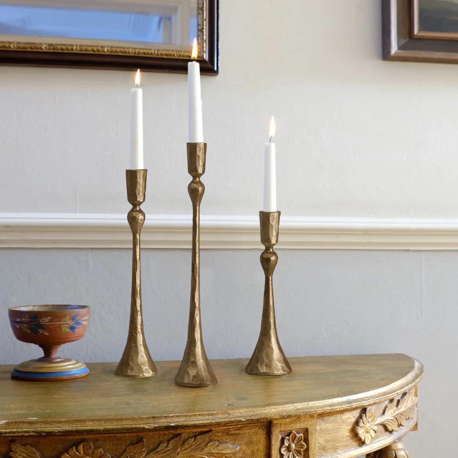 wwbo Set of 3 Exquisite Antique Brass Cast Iron Taper Candle Holders - Elegant Decorative Centerpieces for Wedding  Dining  Party - Tabletop Candlestick Holders for Christmas Decorations