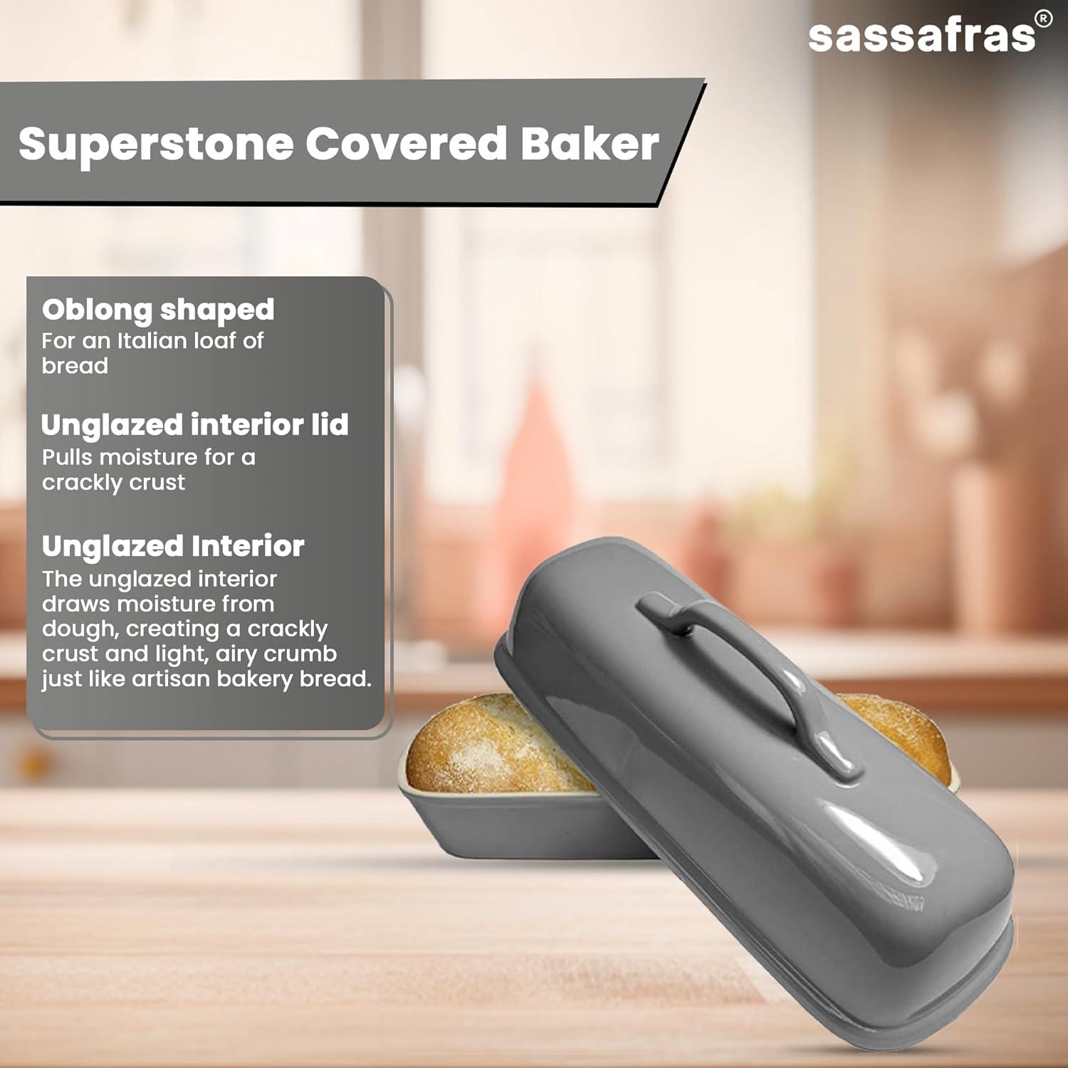 Sassafras Superstone® Covered Bread Baker with Lid - Bisque Glazed Exterior and Unglazed Interior Stoneware Bakeware - Bakes an Artisan Italian Bread with Crusty Crust and a Light Crumb