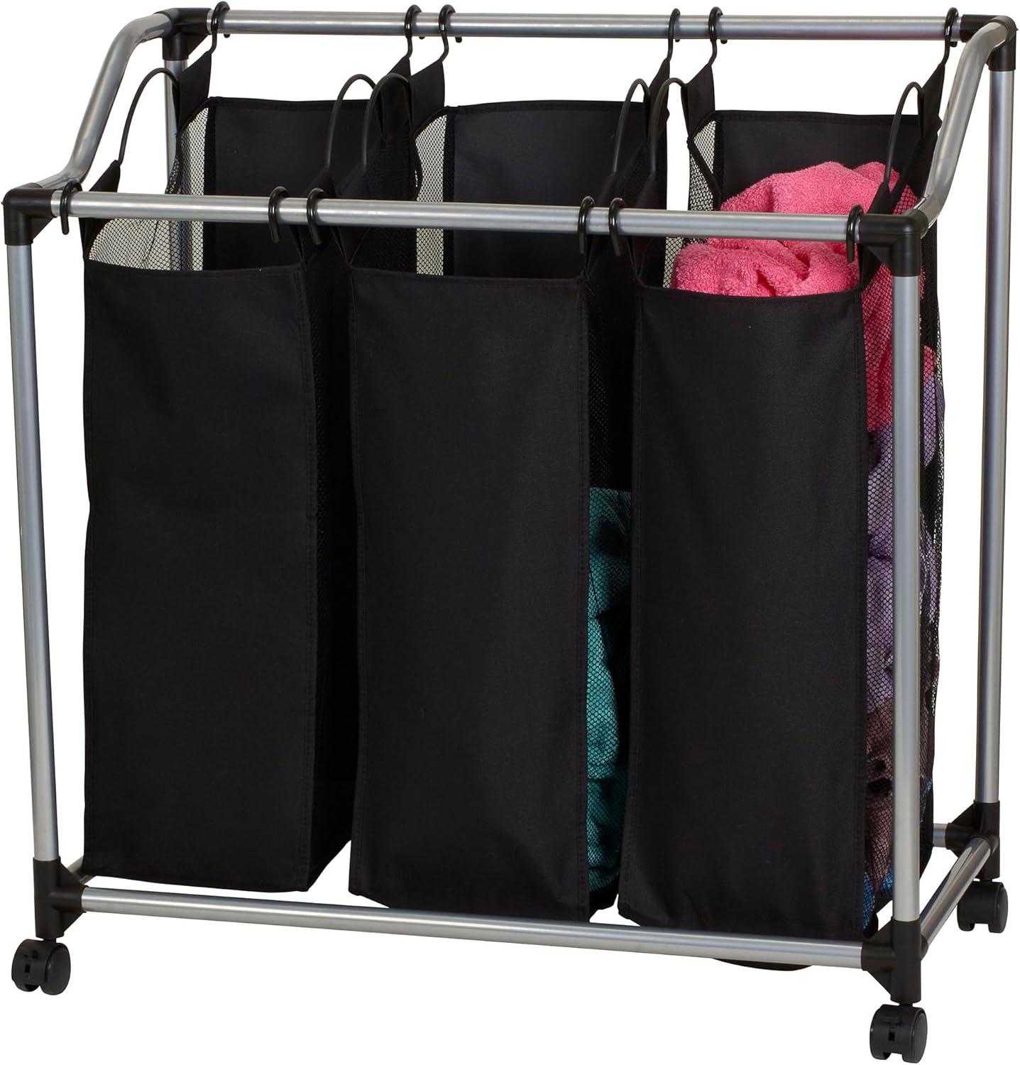 Household Essentials Triple Sorter Silver/Black: Rolling Clothes Hamper with Steel Frame & Sorter Bags