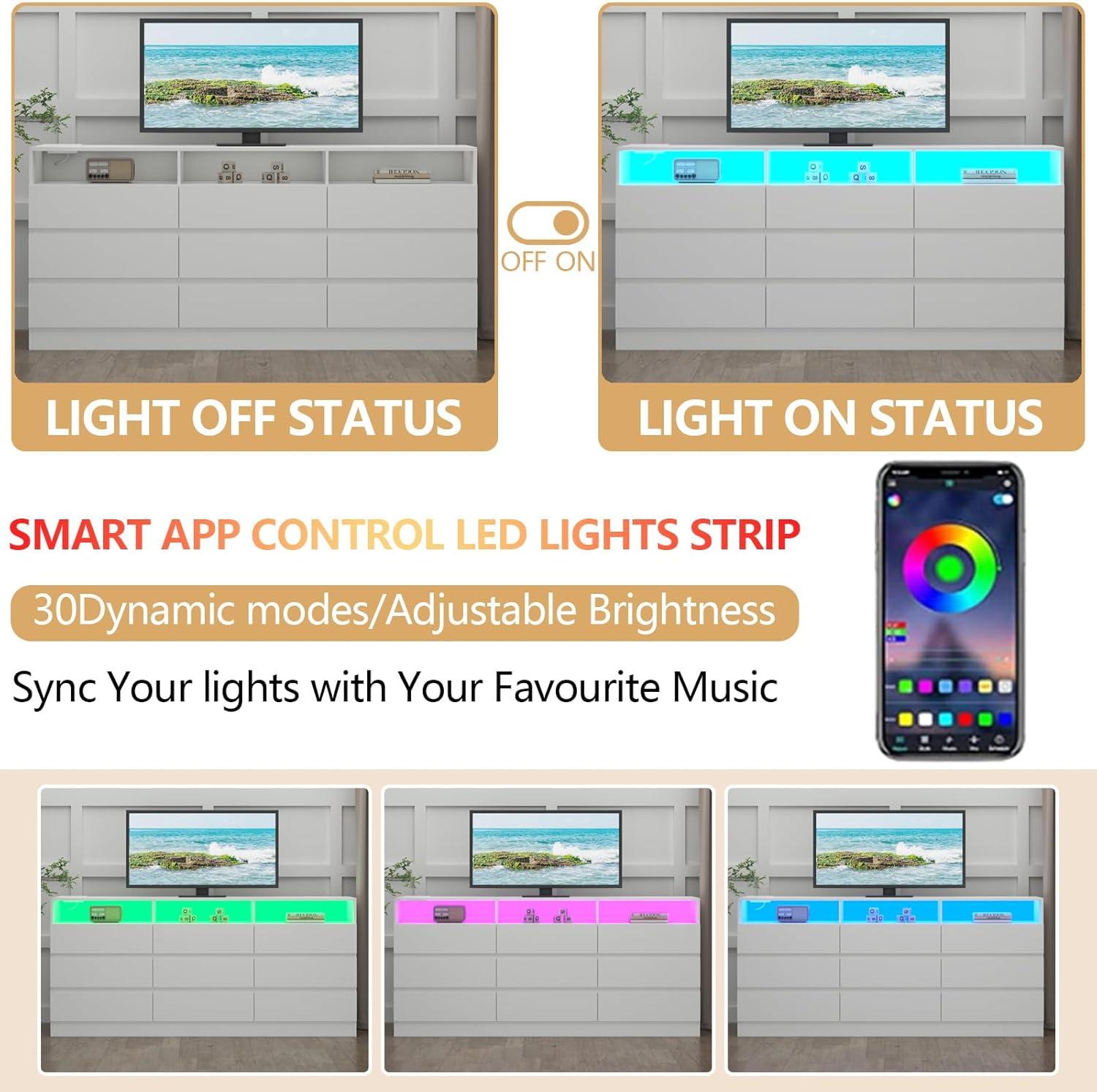 Modern White Double Dresser with LED Lights and Charging Station