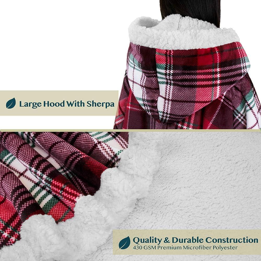 PAVILIA Angel Wrap Hooded Blanket for Women Adult, Wearable Cozy Wrap Throw Fleece Shawl Cape, Tartan Plaid/Faux Shearling