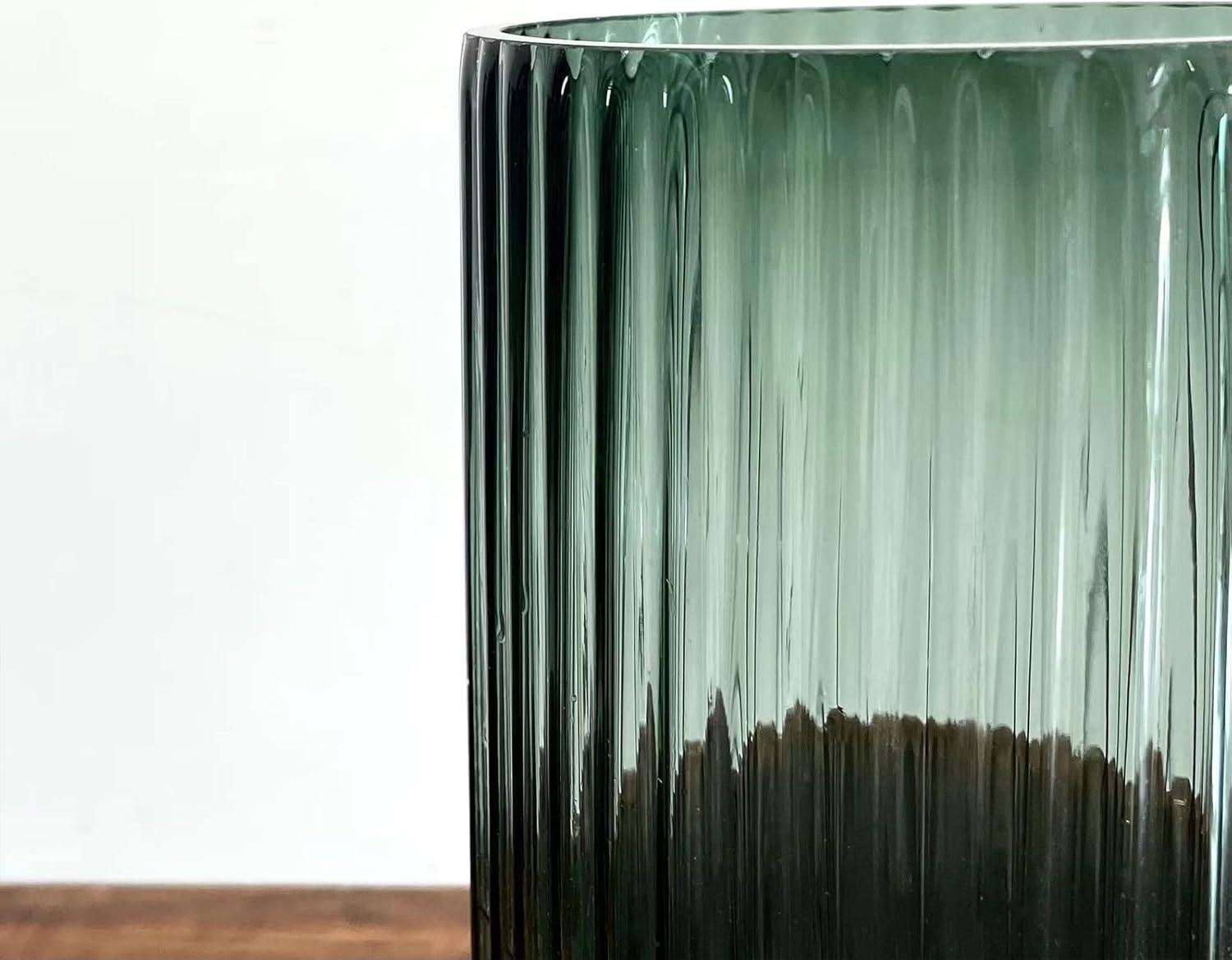 Hand Blown Ribbed Green Glass Decorative Vase