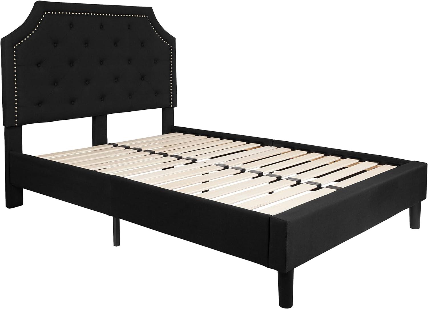 Elegant Full-Size Black Upholstered Platform Bed with Tufted Headboard