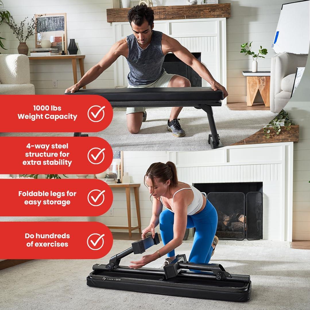 Finer Form Gym Quality Foldable Flat Bench for Multi-Purpose Weight Training and Ab Exercises (Black)