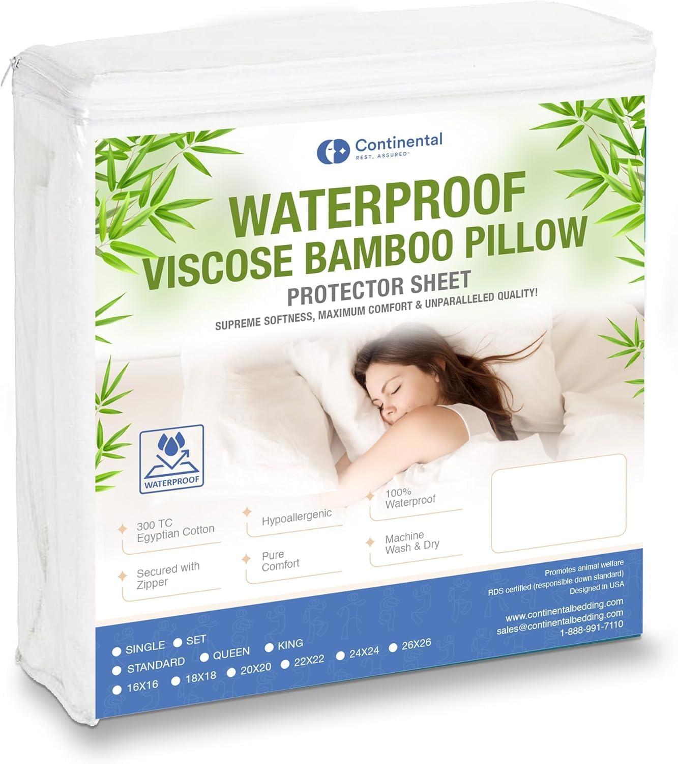 Continental Bedding Feather Proof and Waterproof Luxury Zippered Bamboo Viscose Pillow Protectors Pack of 1 Euro Size 24x24 Inch