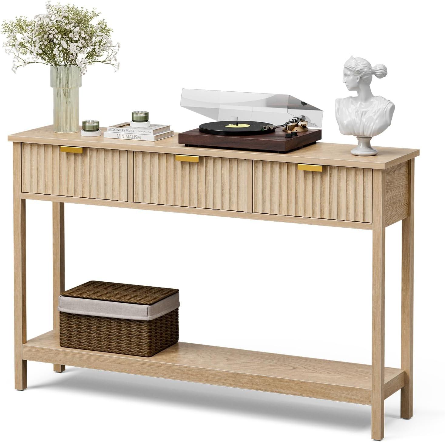 Latitude Run® Console Table With Storage, Boho Entryway Table With 3 Fluted Drawers And Shelf, Sofa Table For Living Room, Entryway, Hallway, Natural