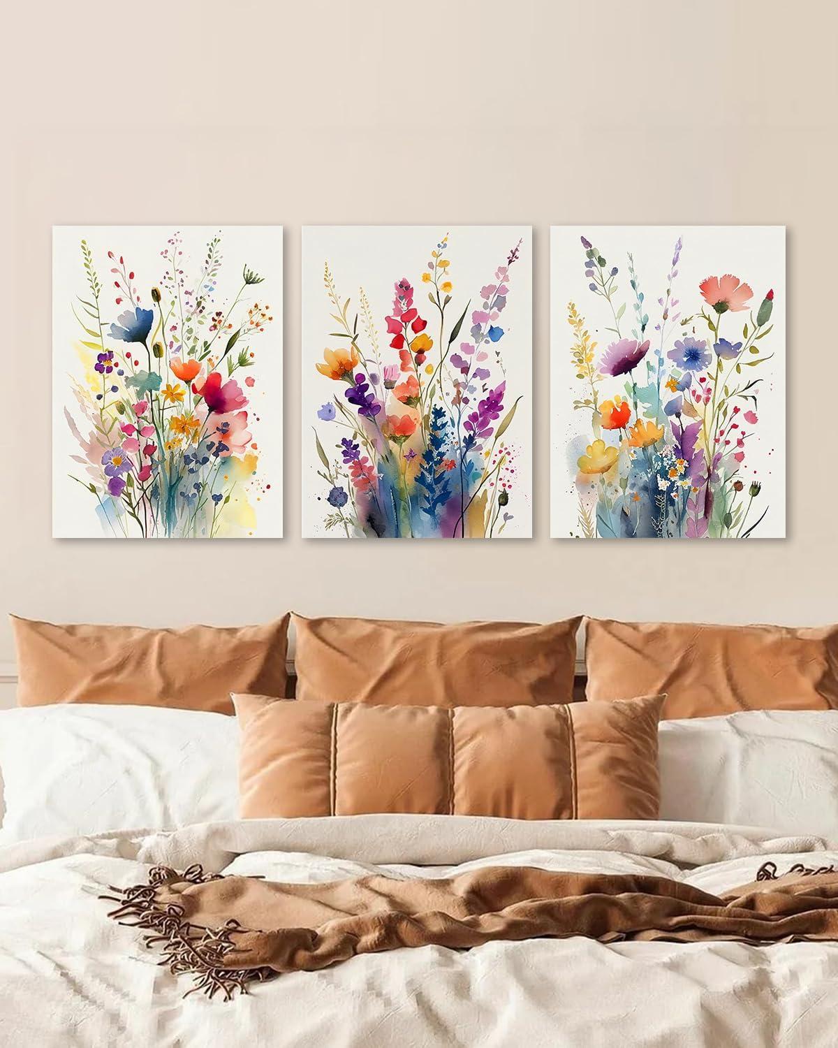 JRXY 3 Pcs Framed Watercolor Floral Botanical Canvas Wall Art Colorful Wildflower Plant Paintings Prints Posters 12x16 in