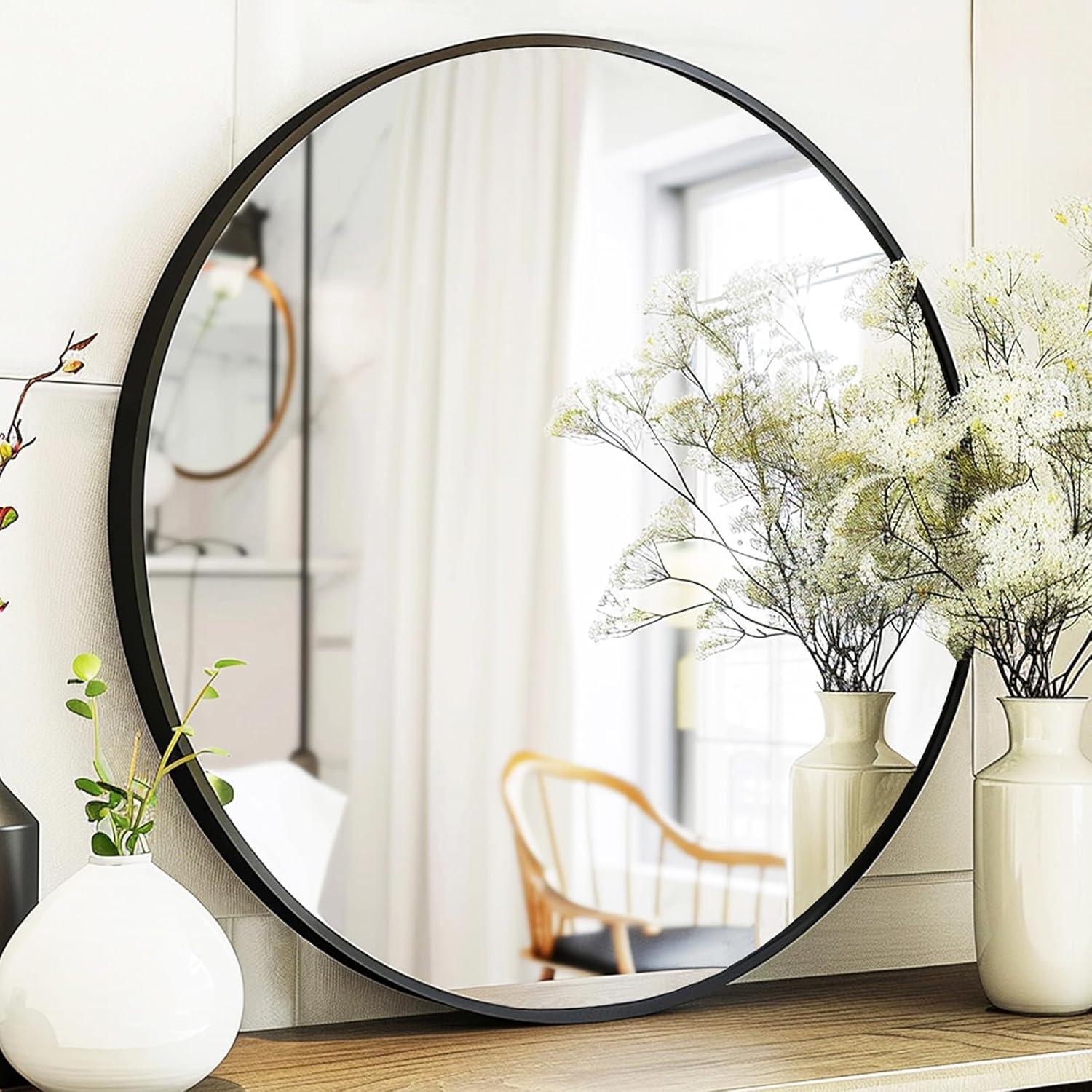 20" Round Black Metal Frame Wall Mirror