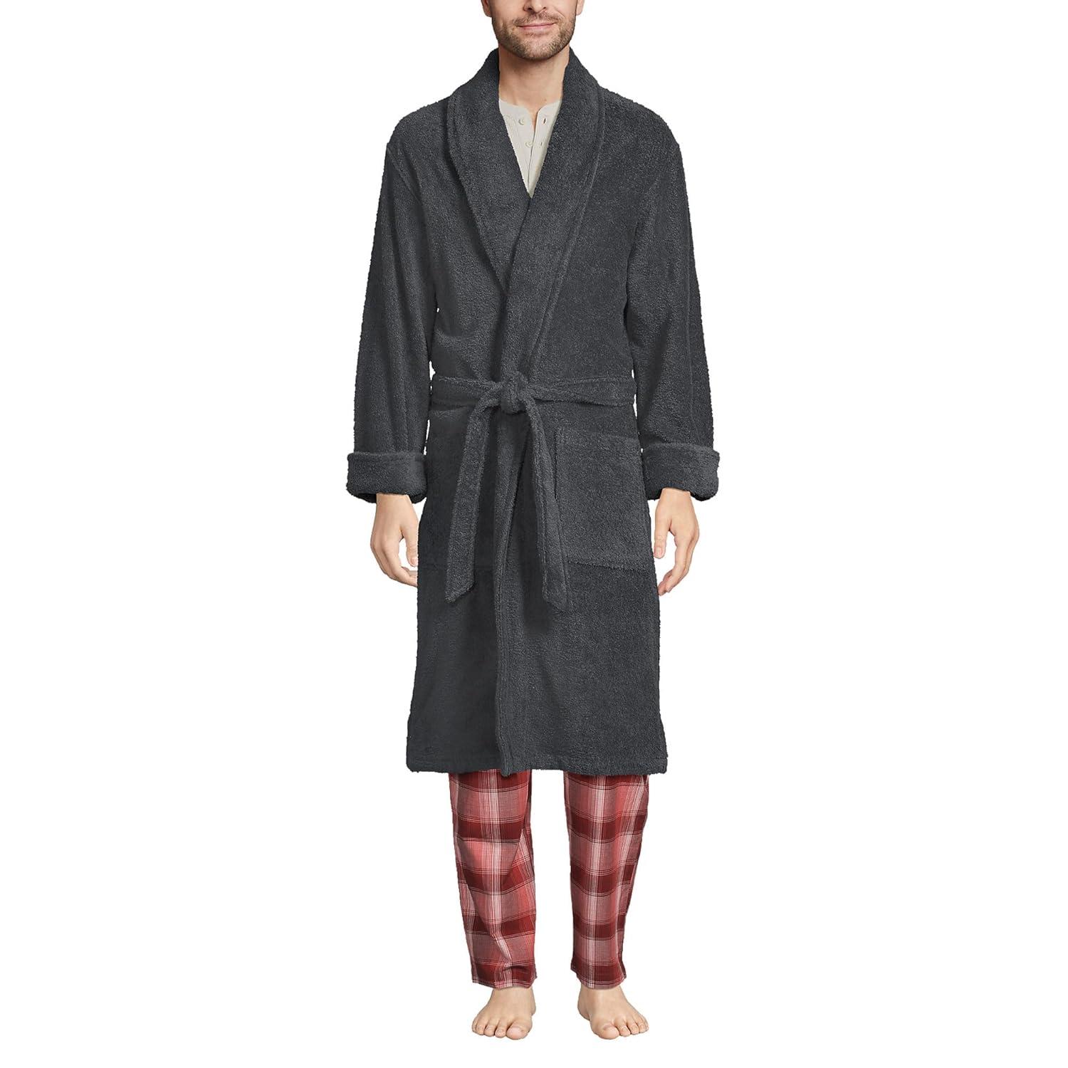 Lands' End Men's Calf Length Turkish Terry Robe - Small - Charcoal