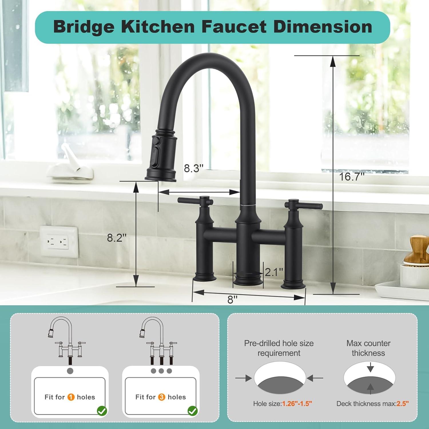 Matte Black Dual Handle Bridge Kitchen Faucet with Pull-Down Spray