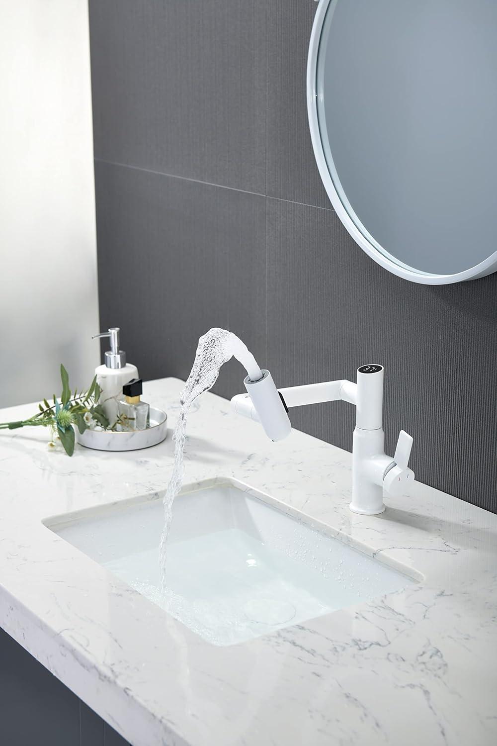 White Rotatable Bathroom Faucet with Temperature Display and Triple Water Modes