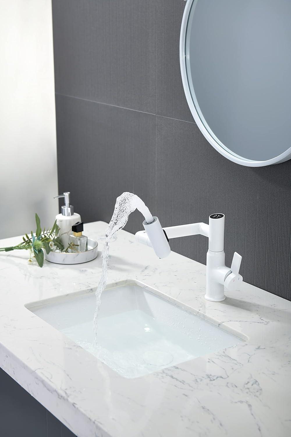 Lefton Rotatable Bathroom Faucet with Temperature Display (Batteries-Free), 3 Water Outlet Modes, White, BF2204-4