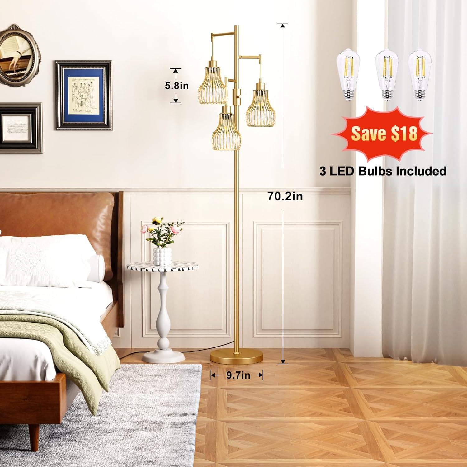 Dimmable Gold Floor Lamps for Living Room, Industrial Tree Standing Tall Lamps with 3 Elegant Cage Shade & 800 Lumens LED Bulbs for Bedroom Office