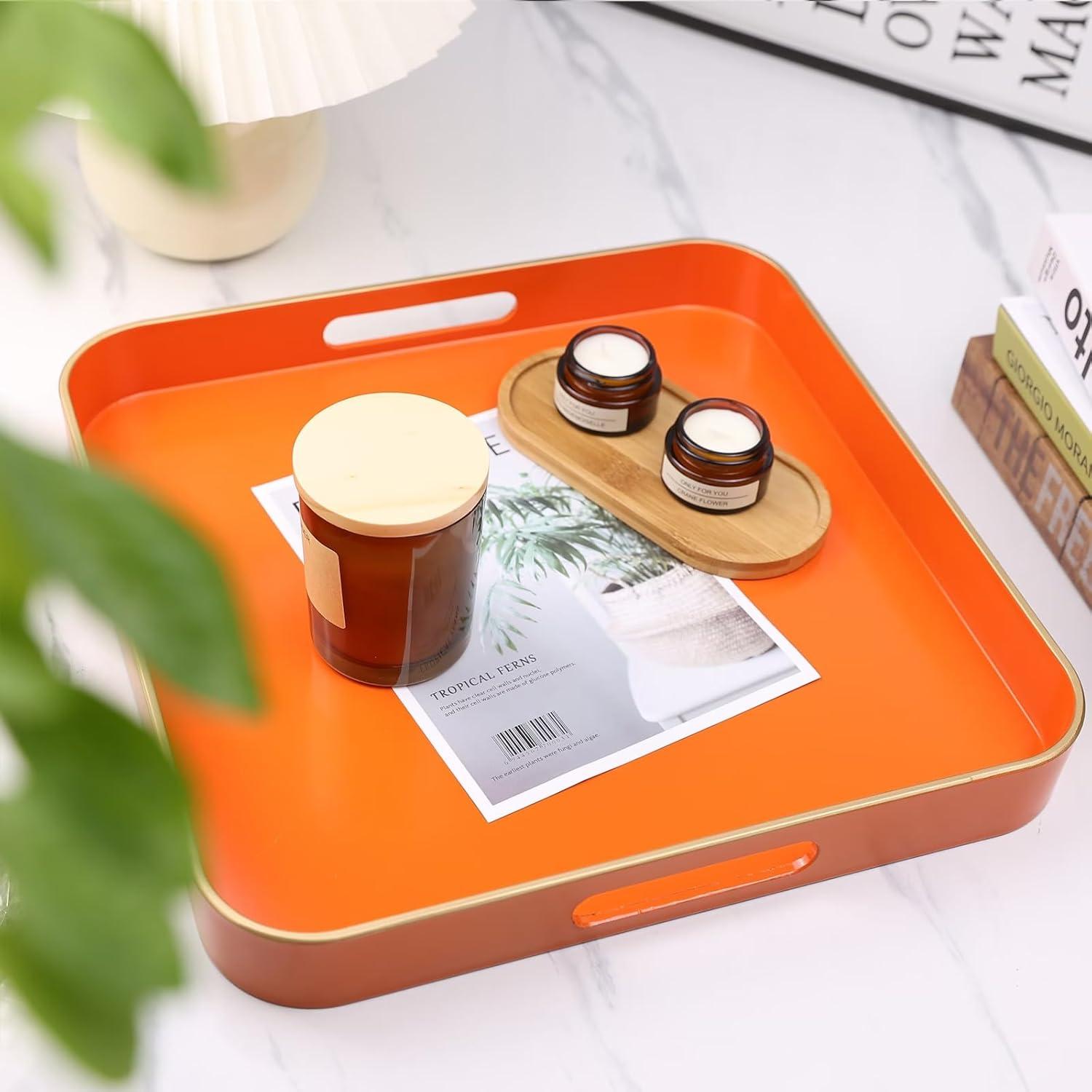 MAONAME Decorative Tray, Orange Serving Tray with Handles, Coffee Table Tray, Square Plastic Tray for Ottoman, Bathroom, Kitchen, 13"x13"x1.57"