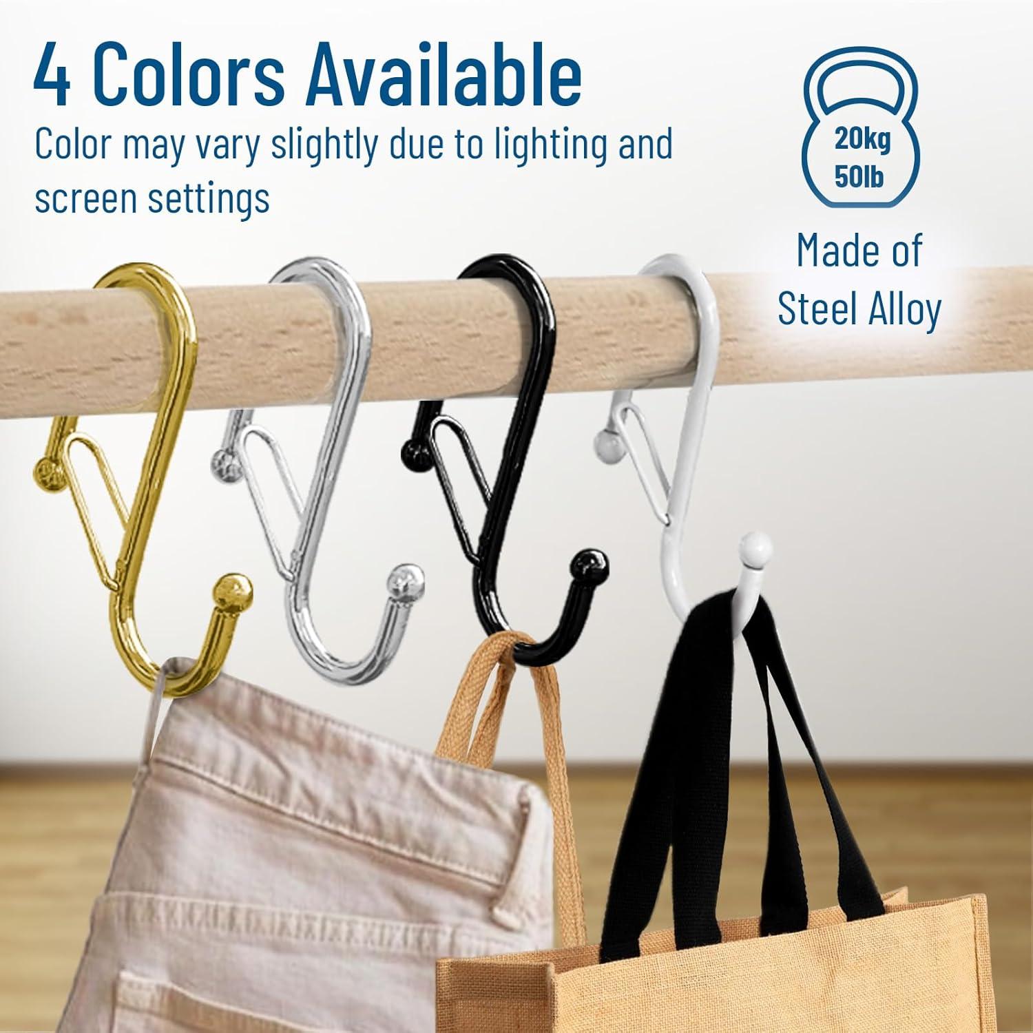 6-Pack Metal S Hooks for Hanging – Heavy-Duty S-Shaped Hook with Safety Buckle – Fits Bars up to 1.2 in – Anti-Drop S-Hooks for Closet, Wardrobes & Storage – Silver (Large)