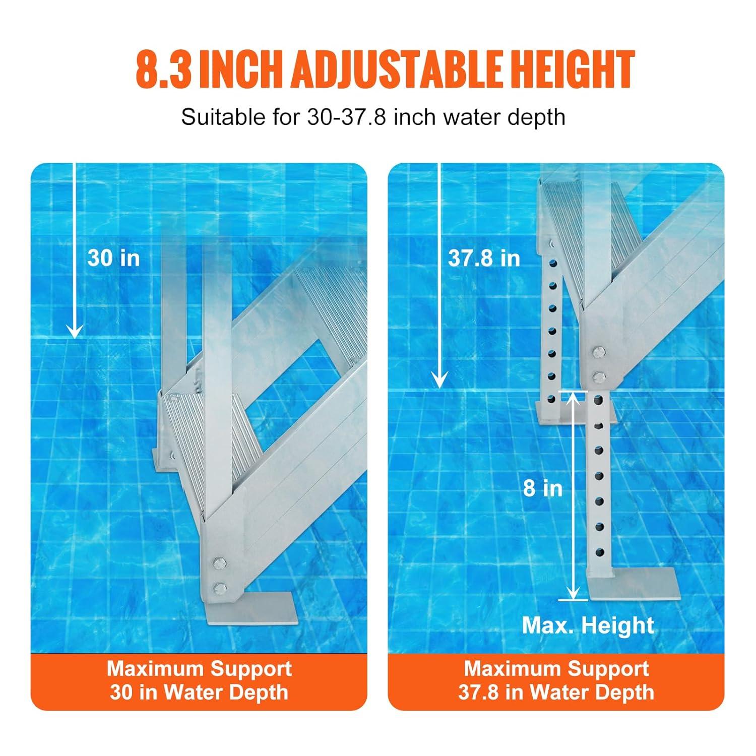 VEVOR Dock Stairs 4 Steps, 500lbs Load Pool Steps, Adjustable Height Aluminum Dock Ladders, Pontoon Boat Ladder with Handrails & Widen Nonslip Pedals for Lake/Pool/Marine Boarding/RV/House