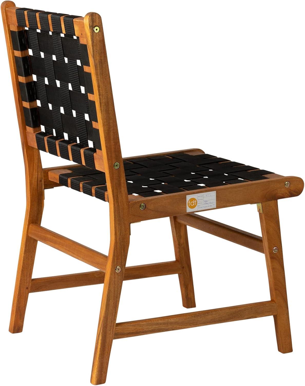 Balkene Home Sava Indoor Outdoor Armless Dining Side Chair, Portable Seating, Acacia Wood Woven Seat - Black Webbing