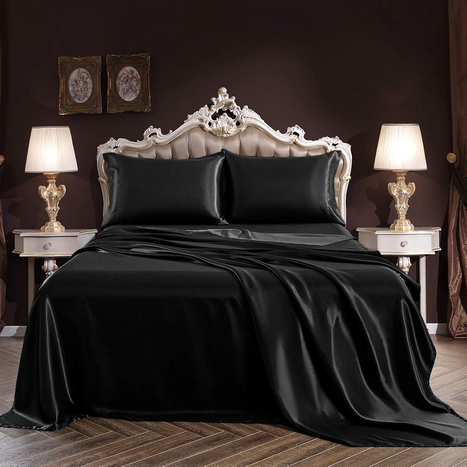 Black Satin Full Size 4-Piece Deep Pocket Sheet Set