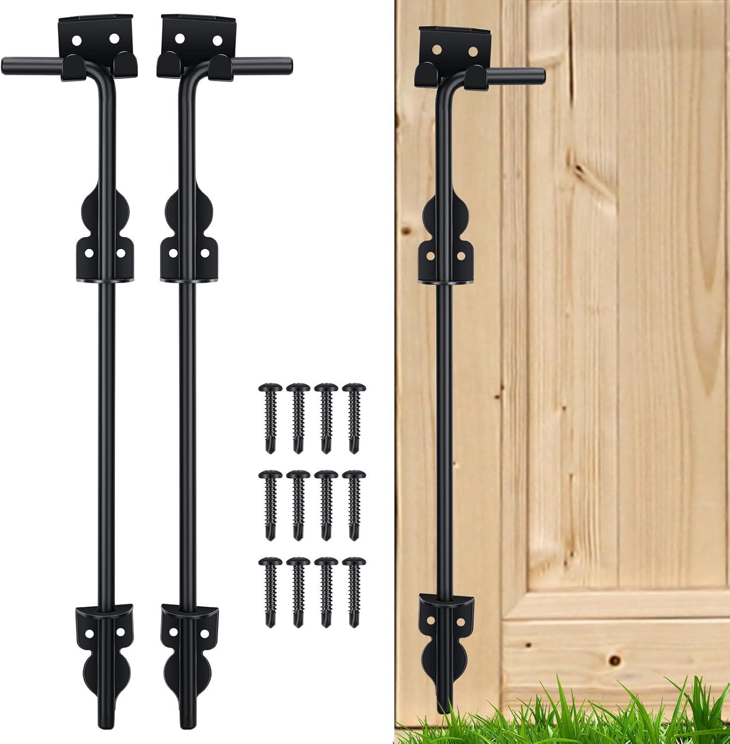 24 Inch Cane Bolt Gate Drop Rod Heavy Duty Gate Hardware, Gate Ground Latch for Wooden Fences, Metal Gates Doors Stopper for Gate Ground, Wrought Iron Gate Latches, Black Finish(2 Pack)