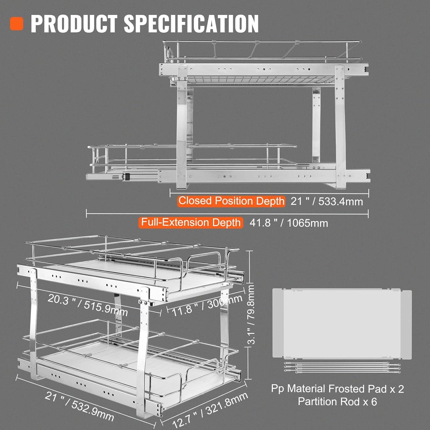 2 Tier 13"W x 21"D Pull Out Cabinet Organizer, Heavy Duty Slide Out Pantry Shelves, Chrome-Plated Steel Roll Out Drawers, Sliding Drawer Storage for Inside Kitchen Cabinet, Bathroom, Under Sink