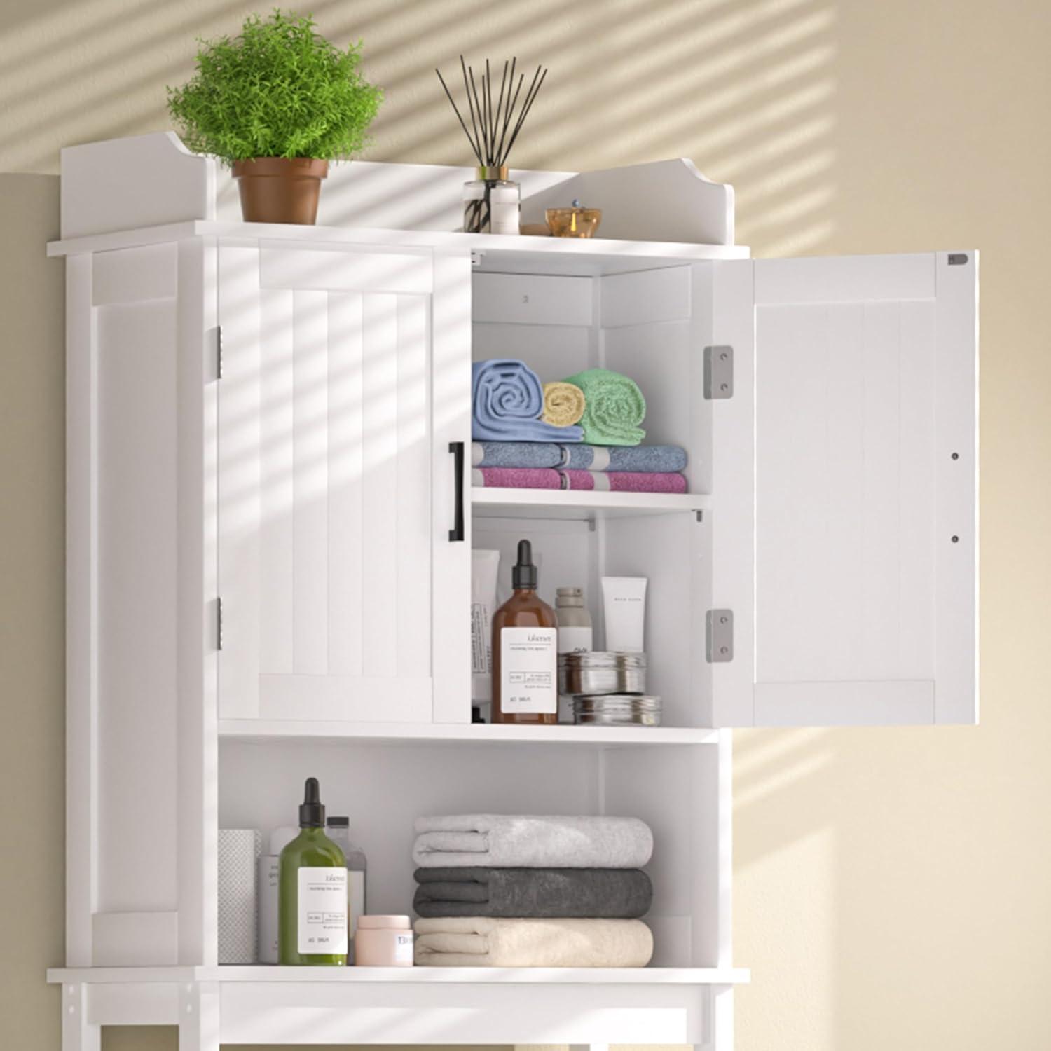 MUPATER Bathroom 67" Storage Cabinet Organizer with Shelves and Doors, Small Freestanding Toilet Shelf Space Saver with Anti-Tip Design and Adjustable Bottom Bar, White