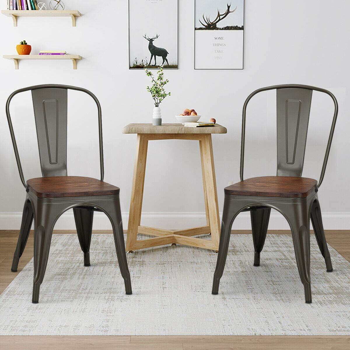 Vintage Elmwood Seat Metal High-Back Side Chair, Set of 4