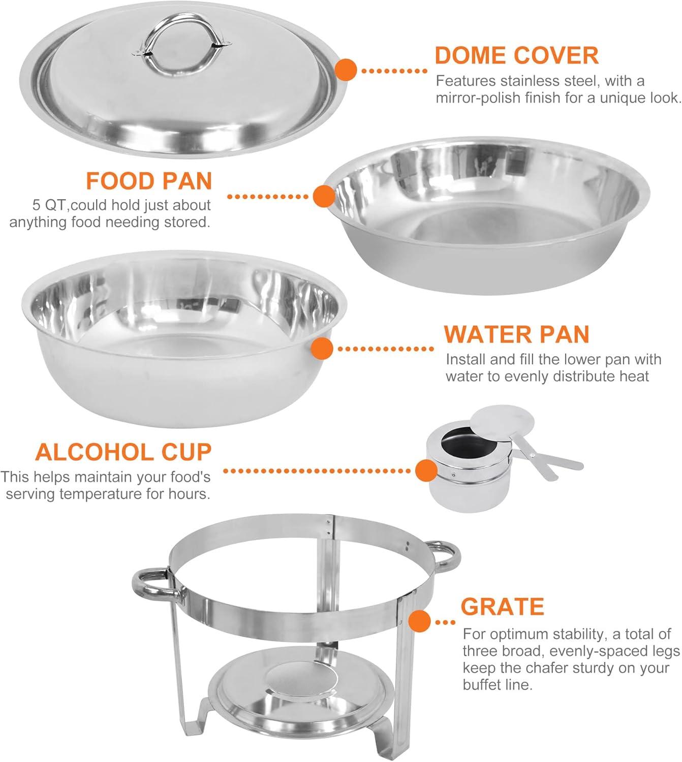 SUPER DEAL Upgraded 5 Qt Full Size Stainless Steel Chafing Dish Round Chafer Buffet Catering Warmer Set w/Food and Water Pan, Lid, Solid Stand and Fuel Holder