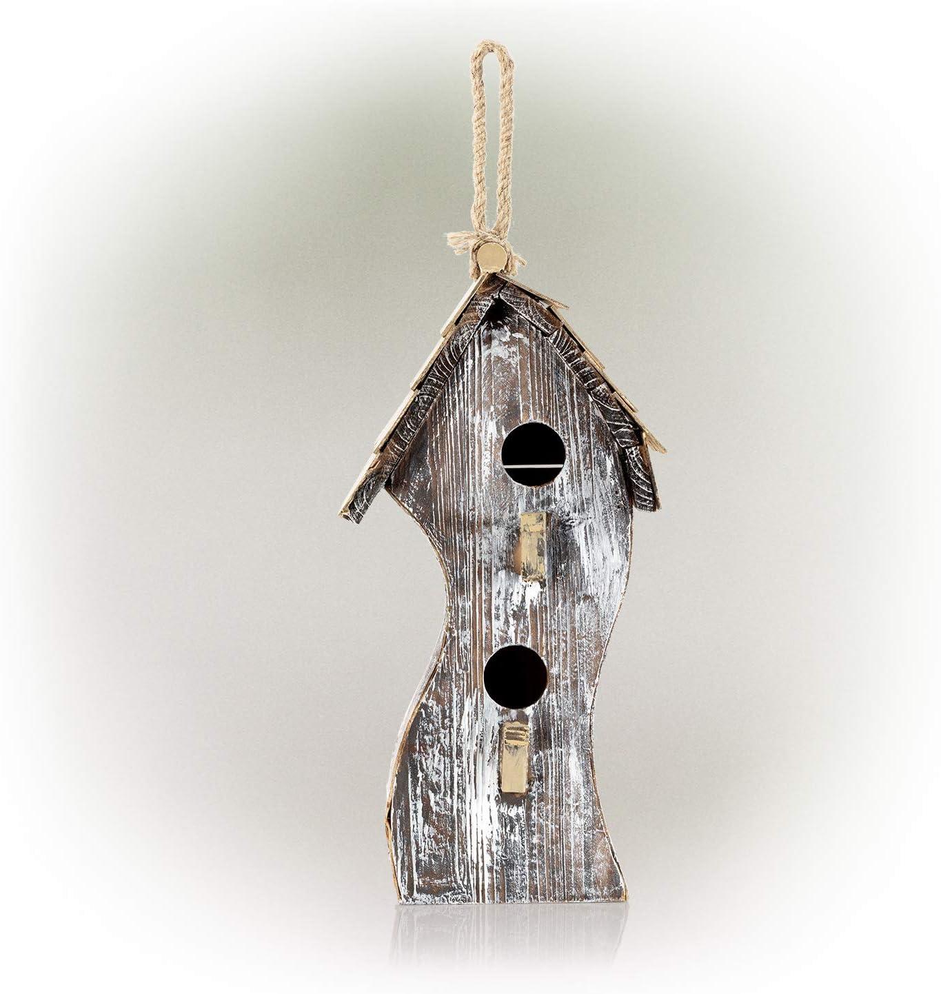 Vintage White and Brown Swirly Wooden Birdhouse, 16 Inch