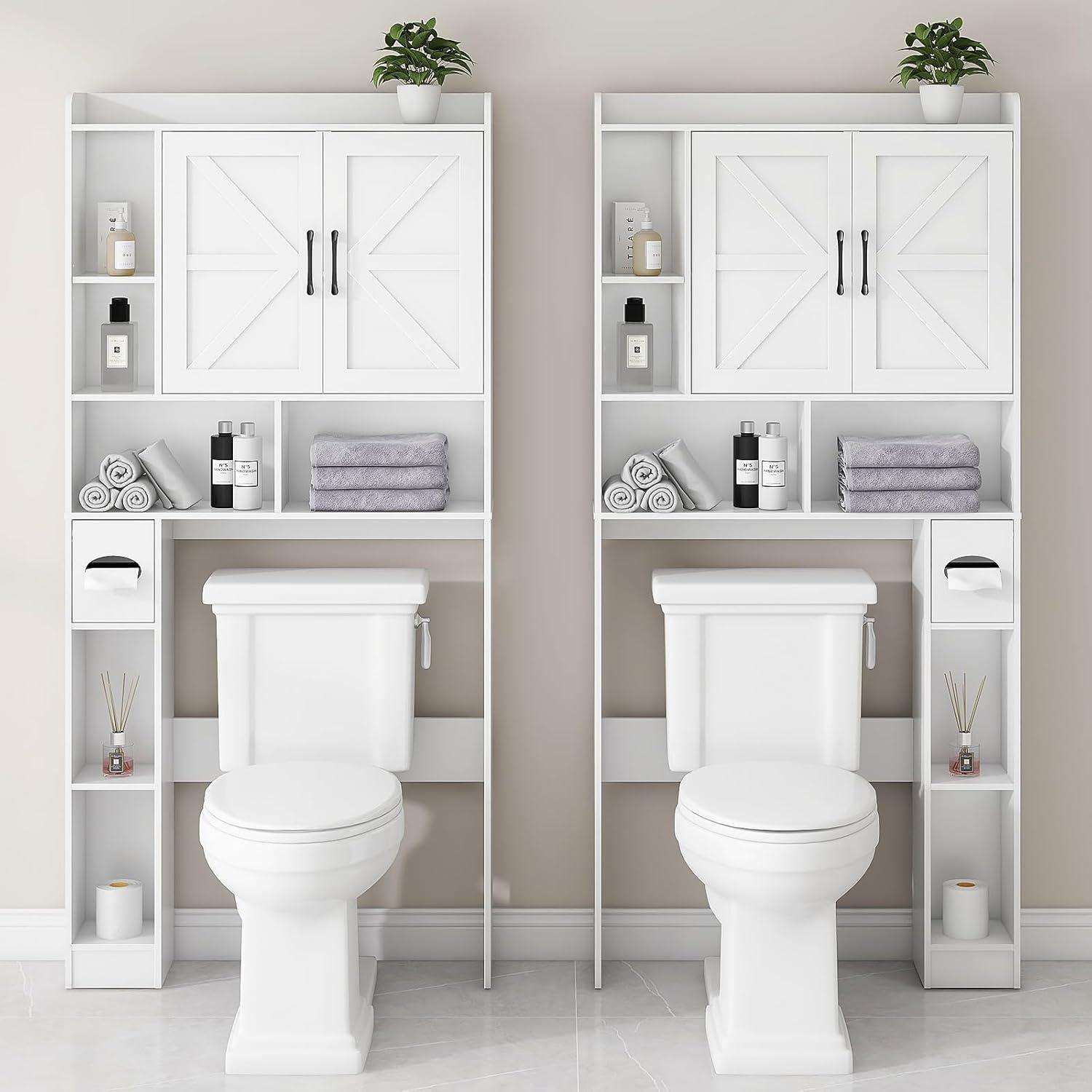 White Farmhouse Over-The-Toilet Storage Cabinet with Barn Doors