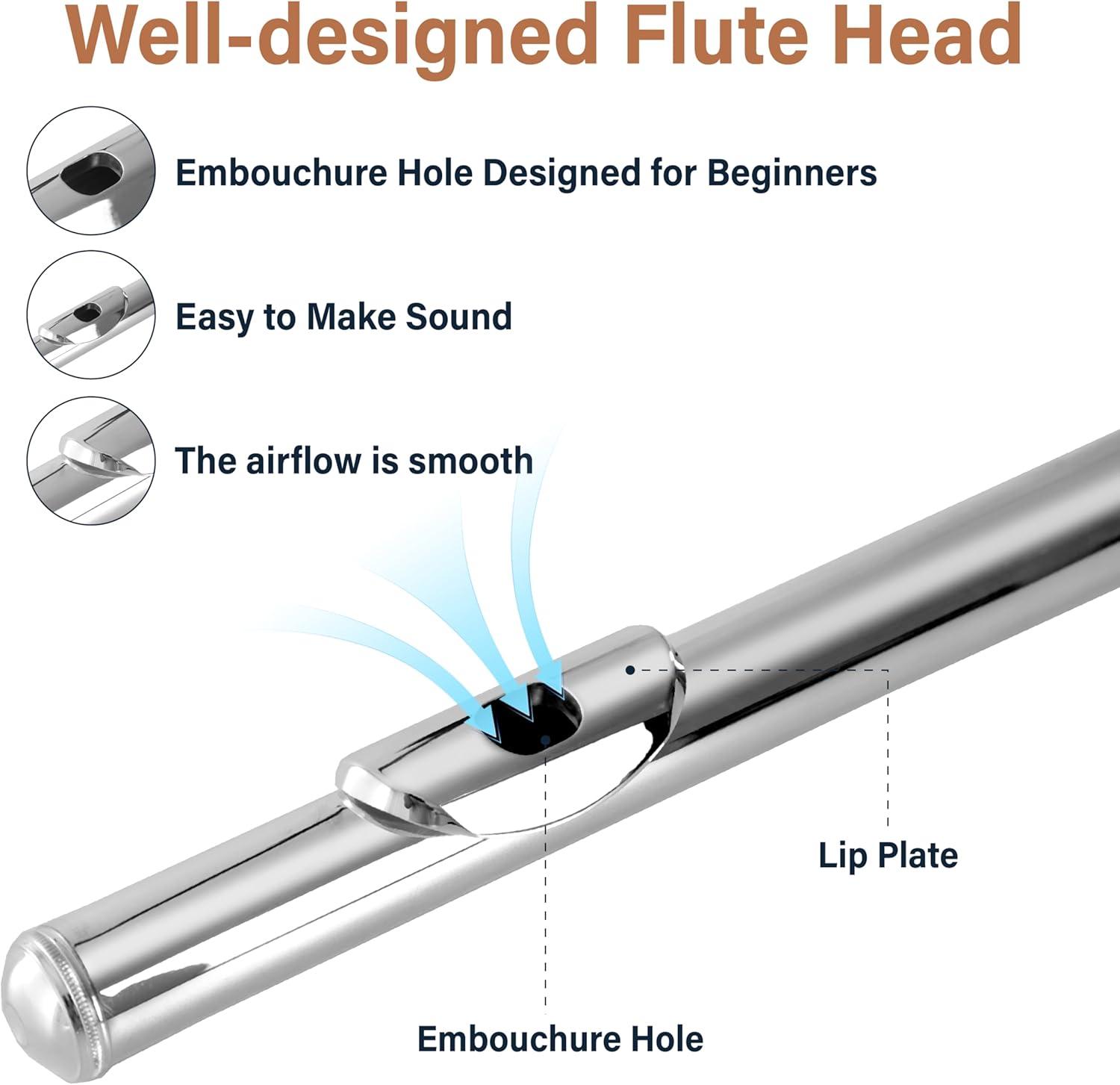 Mendini By Cecilio Flute, 16 Keys C Flute Instrument Closed Hole For Beginners with Carrying Case, Cork Grease, Stand, Lesson Book, Cleaning Kit, Gloves (Black)