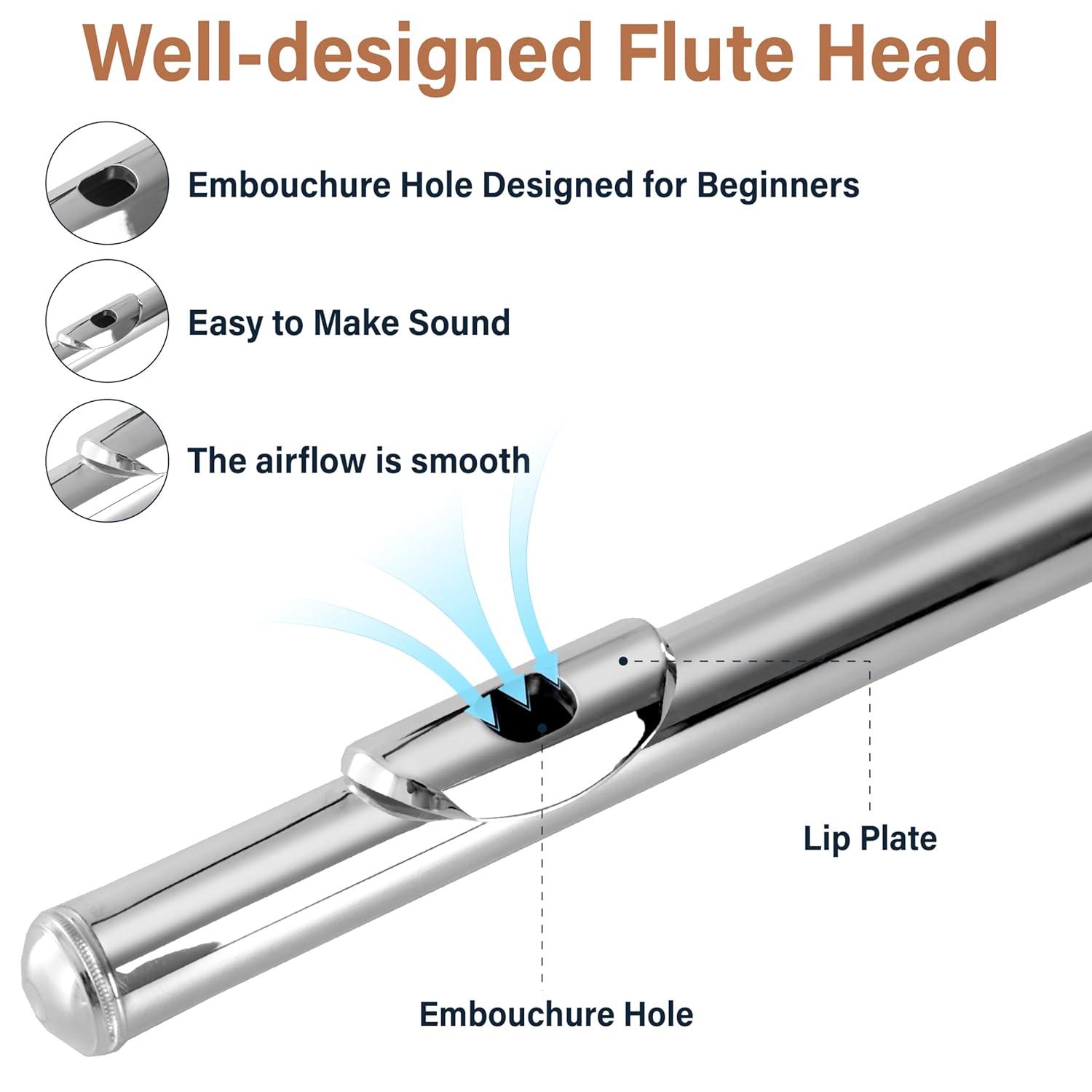 Mendini By Cecilio Flute, 16 Keys C Flute Instrument Closed Hole For Beginners with Carrying Case, Cork Grease, Stand, Lesson Book, Cleaning Kit, Gloves (Black)