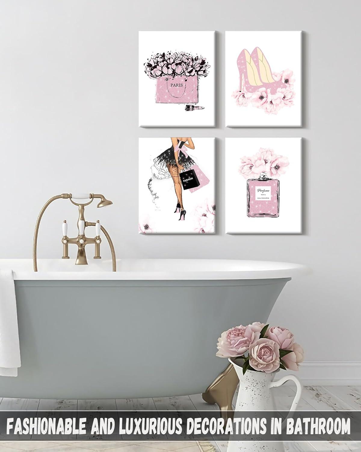 Drsoum Glam Pink Fashion Wall Decor,Woman Makeup Framed Wall Art,Hot Pink Girly Room Decor,Perfume Handbags High Heels Lipstick Wall Paintings Set of 4, 8x10 in (Framed)