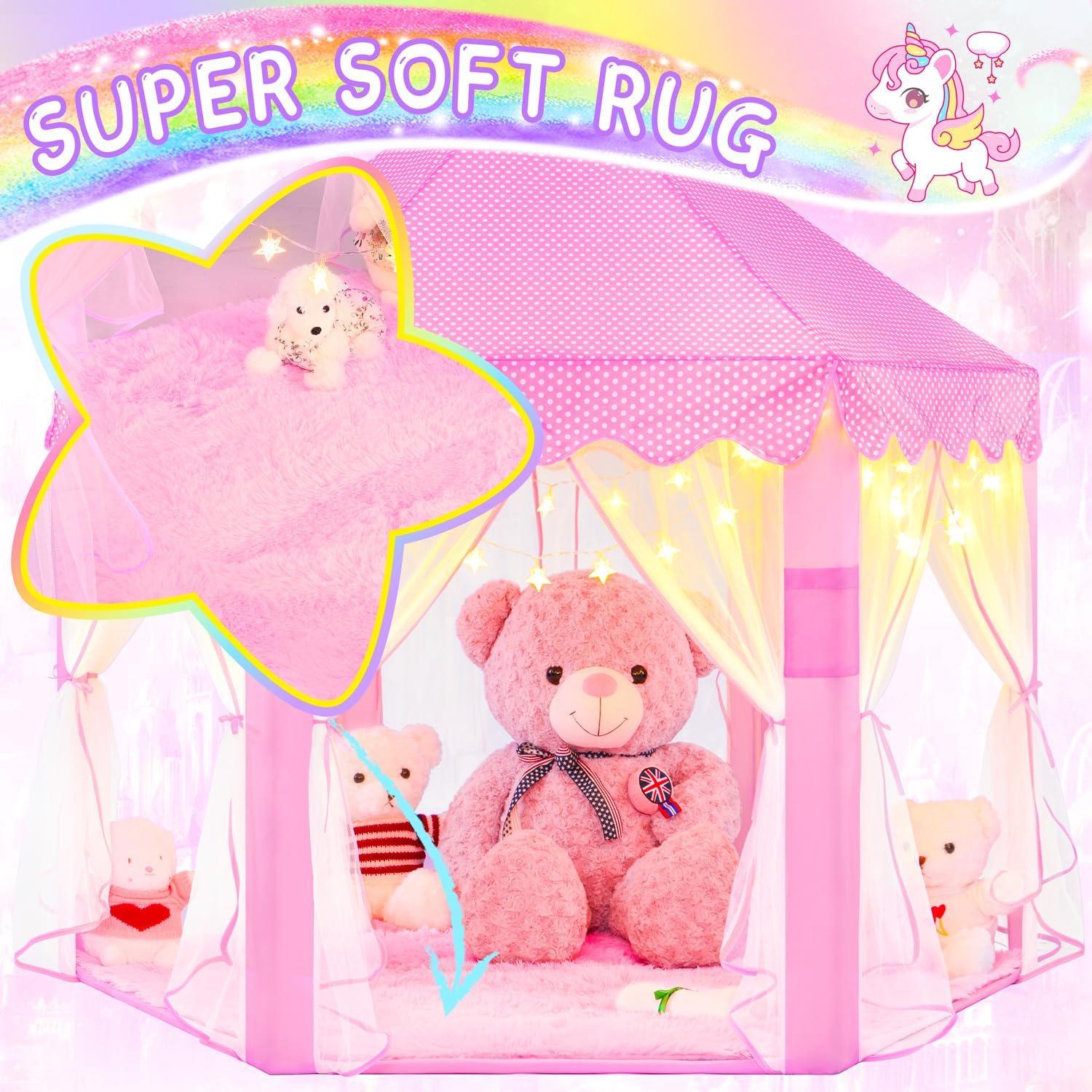 EVOIONOS Princess Tent for Girls, Kids Play Tent with LED Star Lights, Castle Playhouse for Children Indoor Outdoor Games, 55X53 inches, Pink