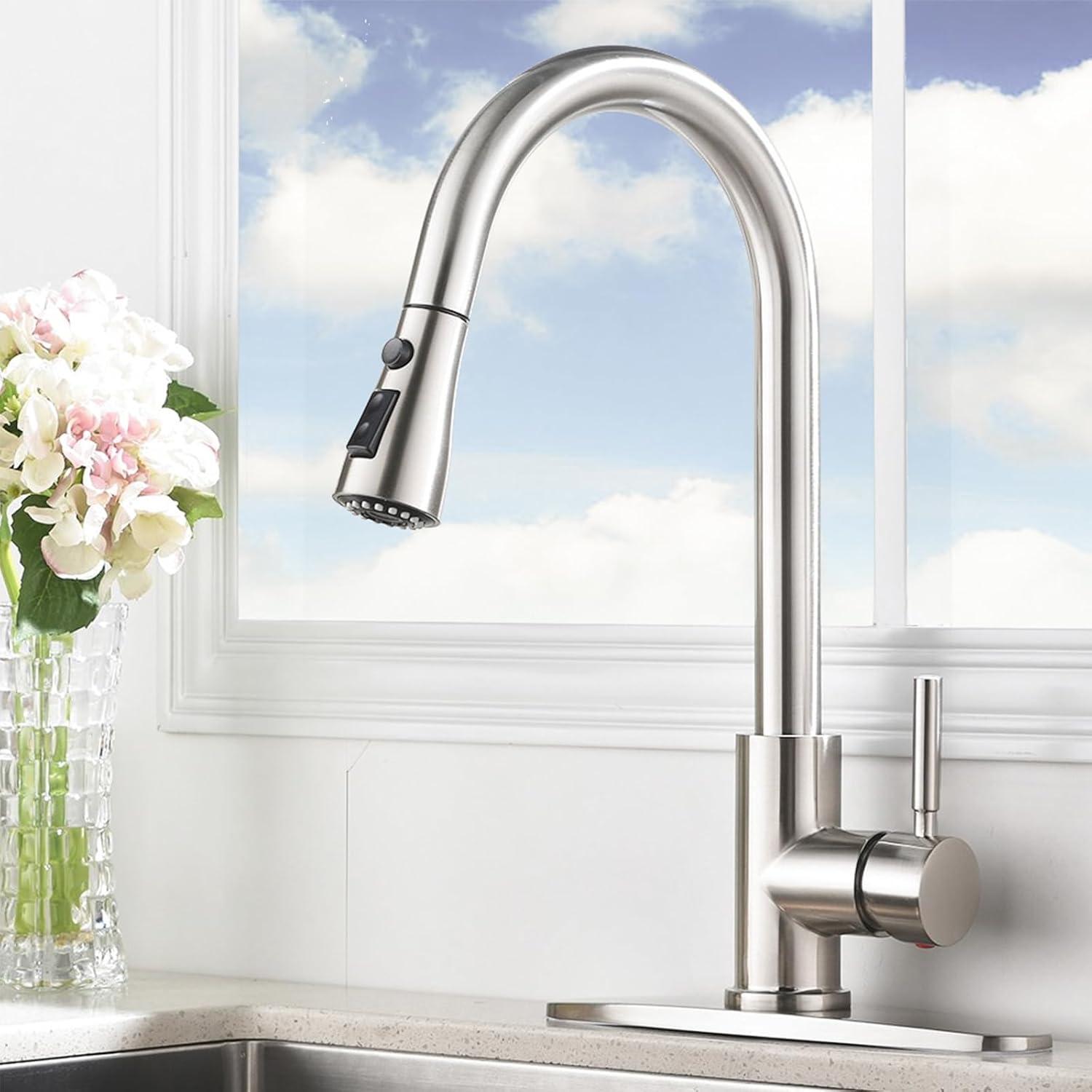 Brushed Nickel Kitchen Sink Faucet with Pull Down Sprayer Single Handle Single Hole Mixer Tap