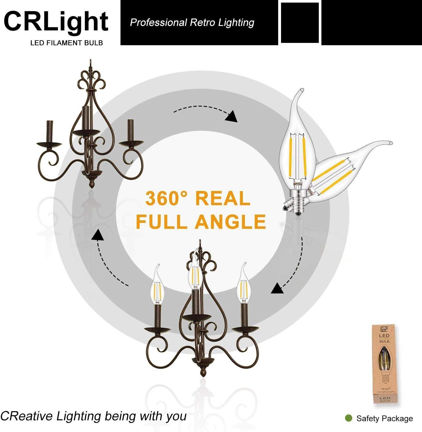 CRLight ETL Listed 2W Dimmable LED Candelabra Bulb 2700K Warm White, 250LM 25W Incandescent Equivalent, E12 Chandelier Candle Bulbs, C35 Clear Flame Shape Bent Tip, 360 Degrees Beam Angle, 10 Pack