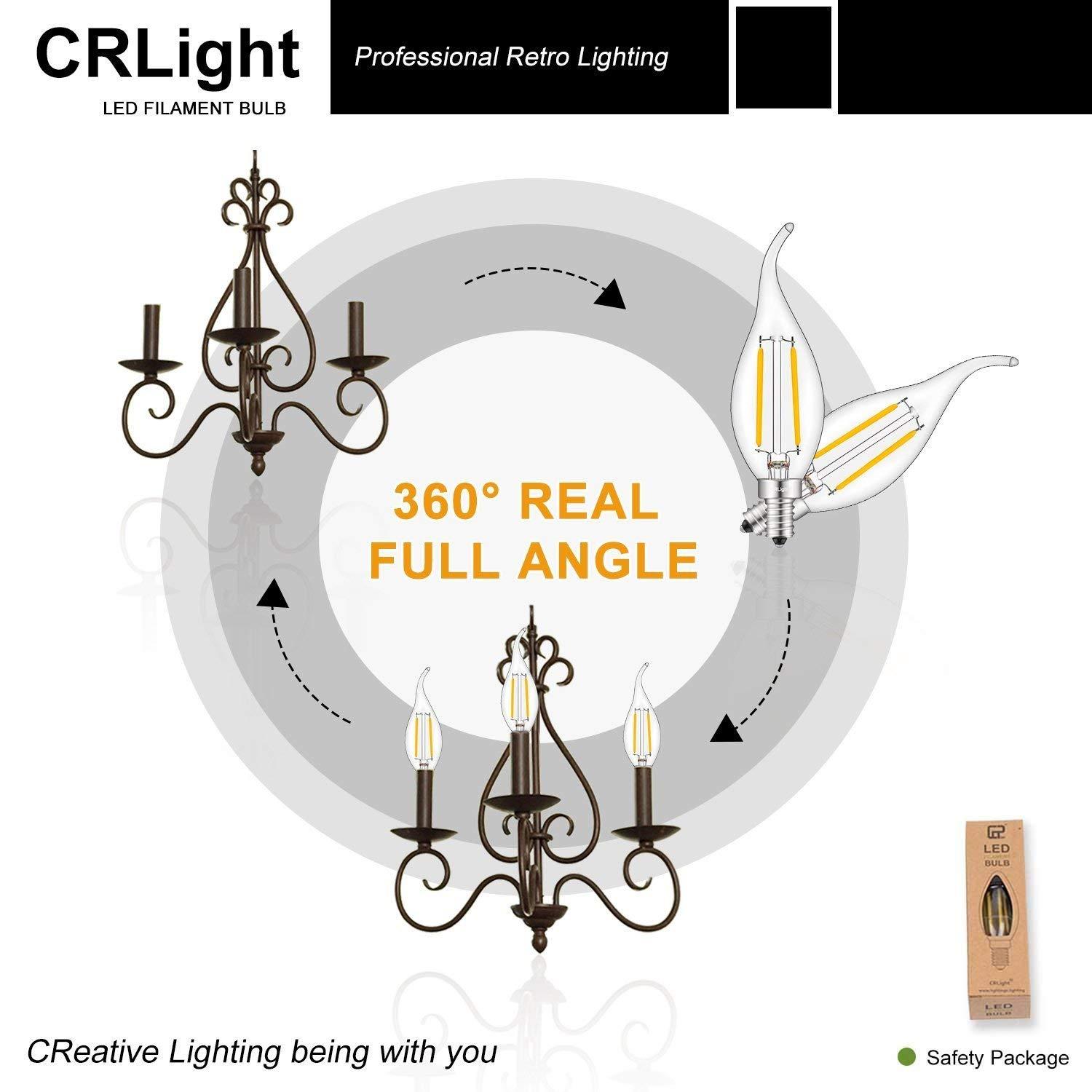CRLight ETL Listed 2W Dimmable LED Candelabra Bulb 2700K Warm White, 250LM 25W Incandescent Equivalent, E12 Chandelier Candle Bulbs, C35 Clear Flame Shape Bent Tip, 360 Degrees Beam Angle, 10 Pack