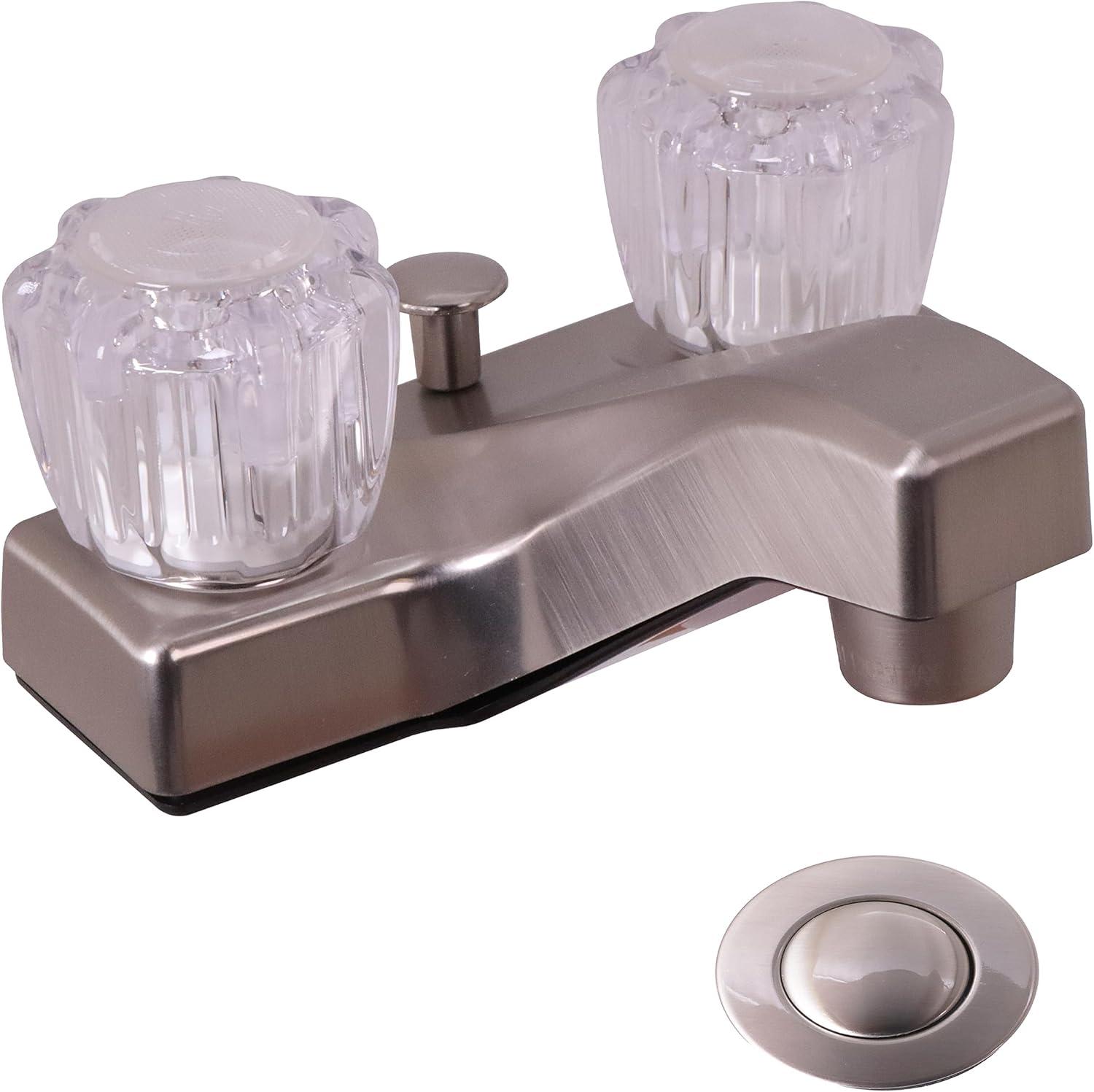 Satin Nickel 4" Dual-Handle Acrylic Centerset Bathroom Faucet