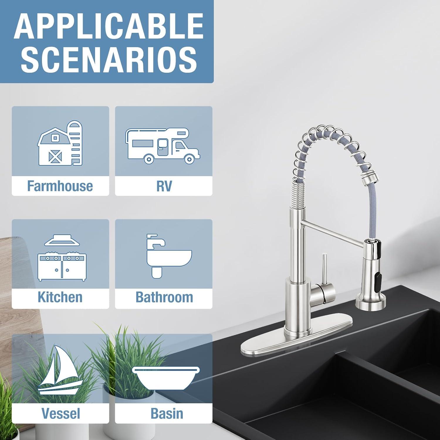 Coliware Kitchen Sink Faucet Brushed Nickel with Pull Down Sprayer, Stainless Steel Spring Kitchen High Arc Commercial Faucets with Deck Plate 1 or 3 Hole