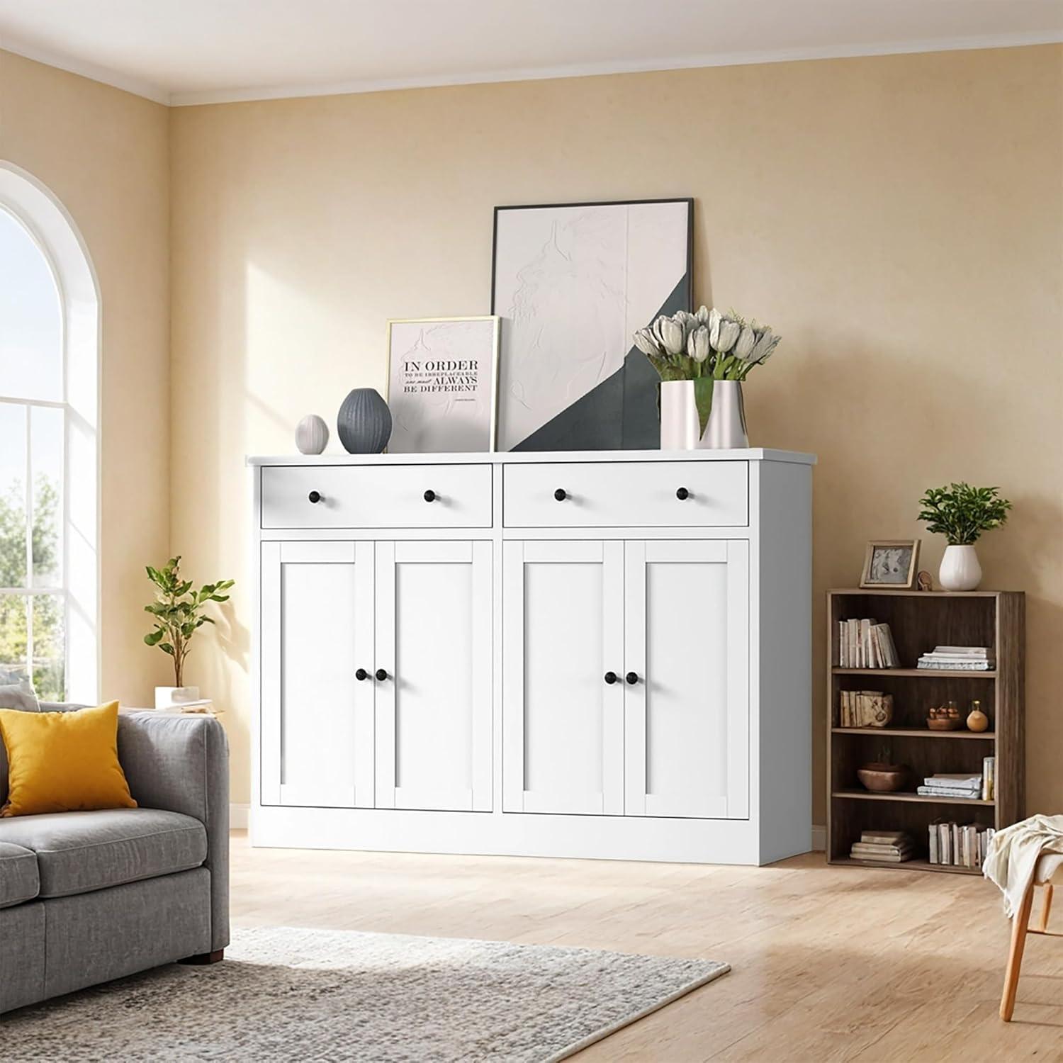 White Modern Buffet Storage Cabinet with 4 Doors and Drawers