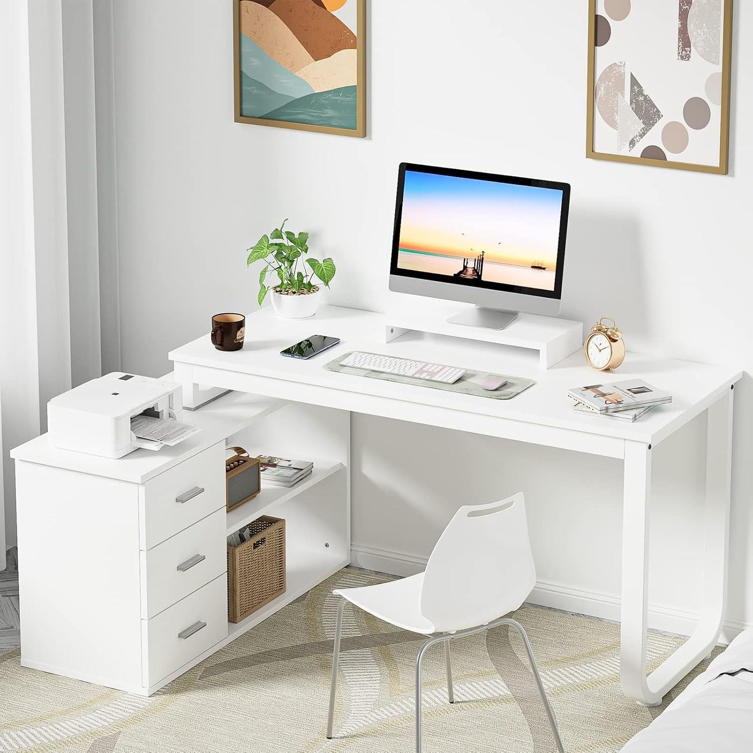 AIEGLE L Shpaed Desk with 3 Drawers and Shelves Desk with Hutch for Home Office White