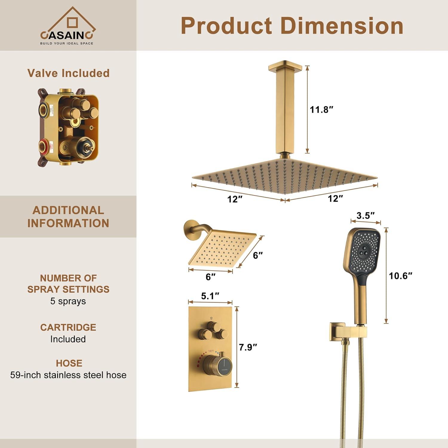 12-Inch Brushed Gold Thermostatic Dual Shower System with Handheld