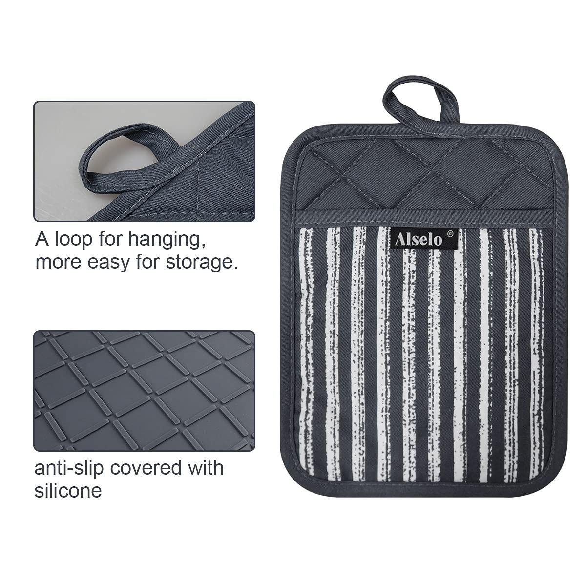 Silicone Pot Holders Set of 3 Heat Resistant & Non Slip Potholders, Professional Oven Hot Pads with Pockets Mitts for Kitchen Cooking Baking Barbecue