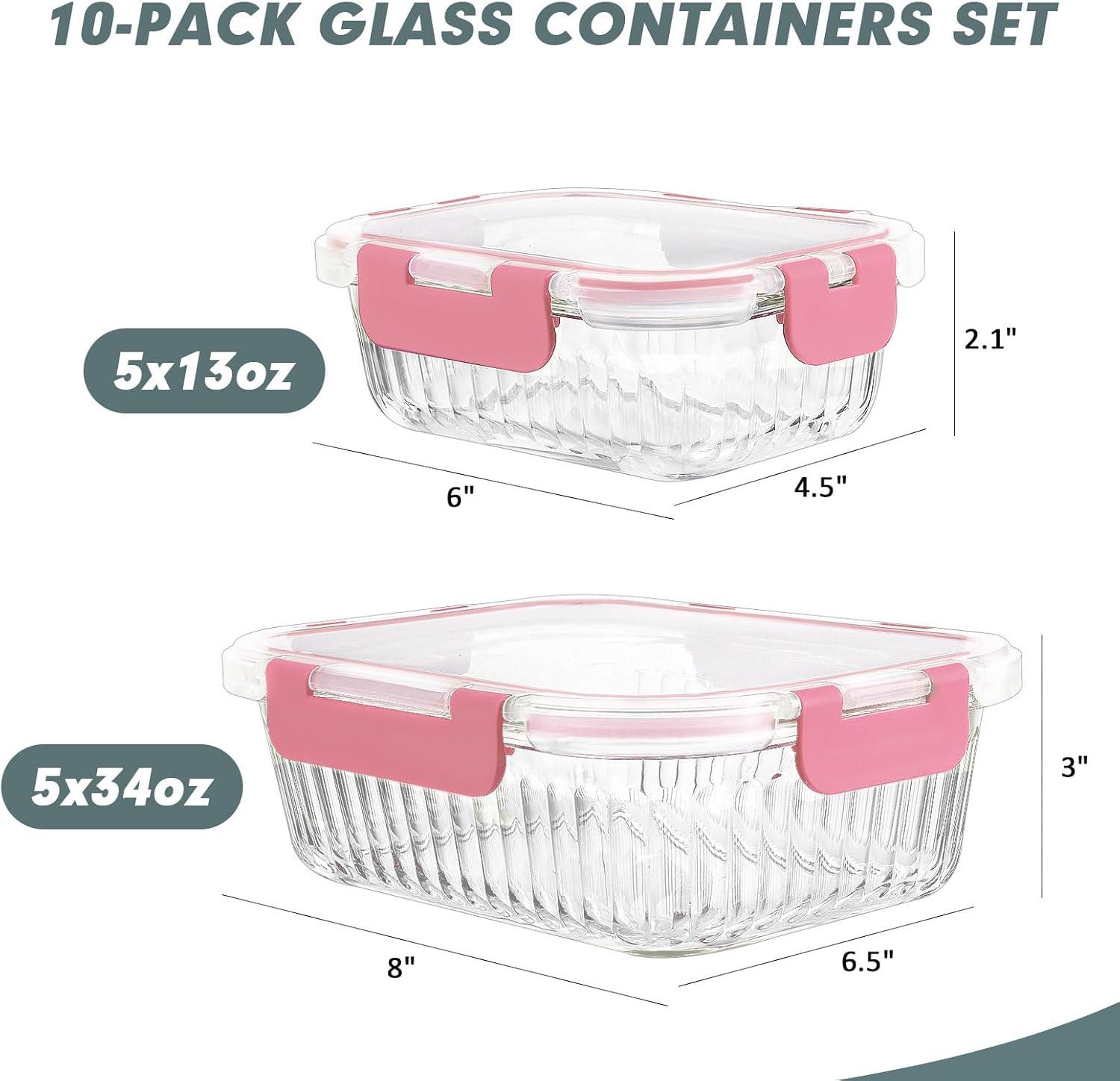 Pink Glass Meal Prep Containers with Airtight Lids, Set of 10