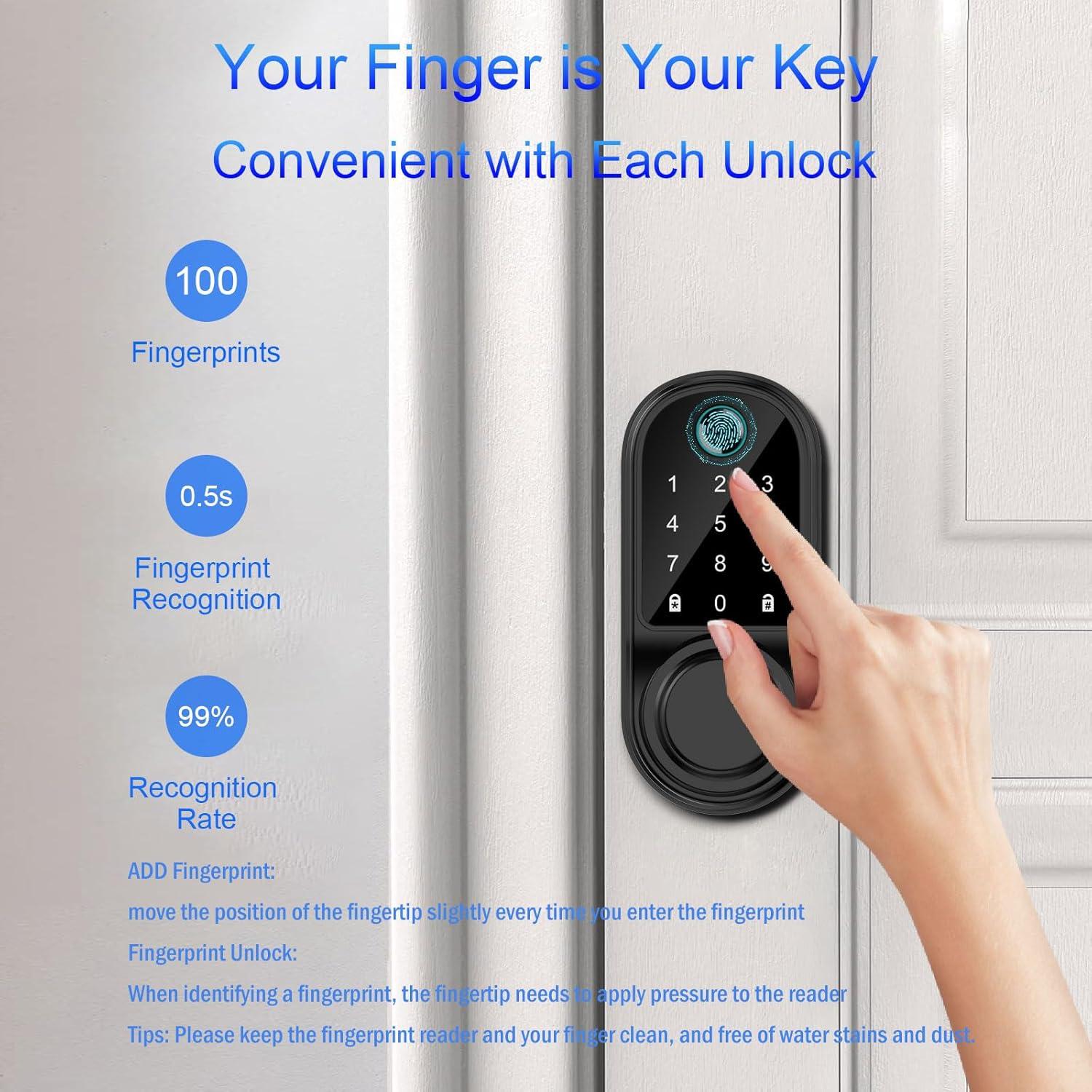 Smart Door Lock,Loctian Biometric Keyless Electronic Door Lock With Handle and APP Control,Fingerprint Smart Lock Deadbolt for Home,Apartment,Office and Garages,Black